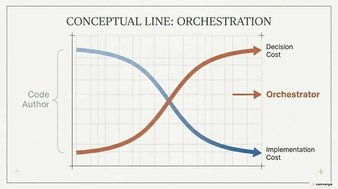 The shift in a developer's role: from code author to orchestrator, as implementation cost falls toward zero and decision cost rises.