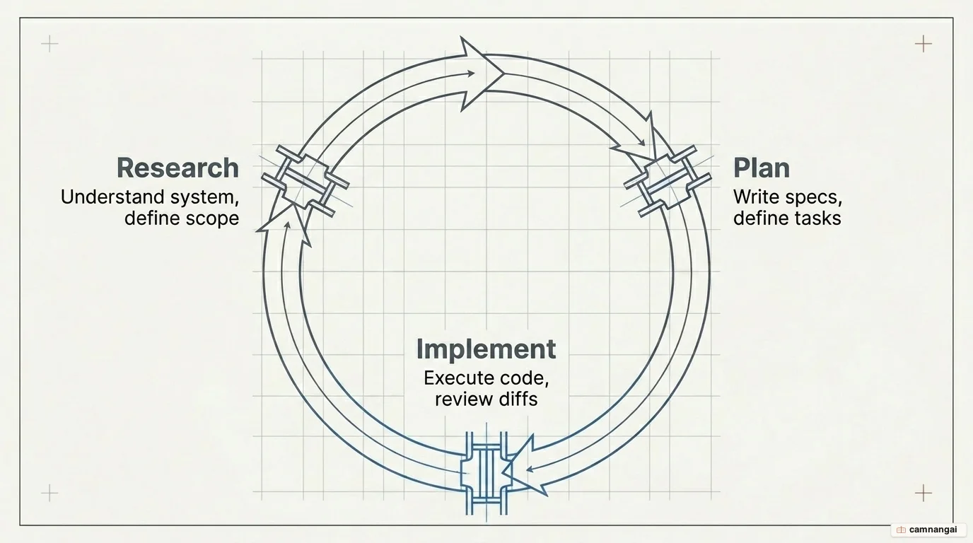 The agentic engineering process loop: three connected steps—Research, Plan and Implement.