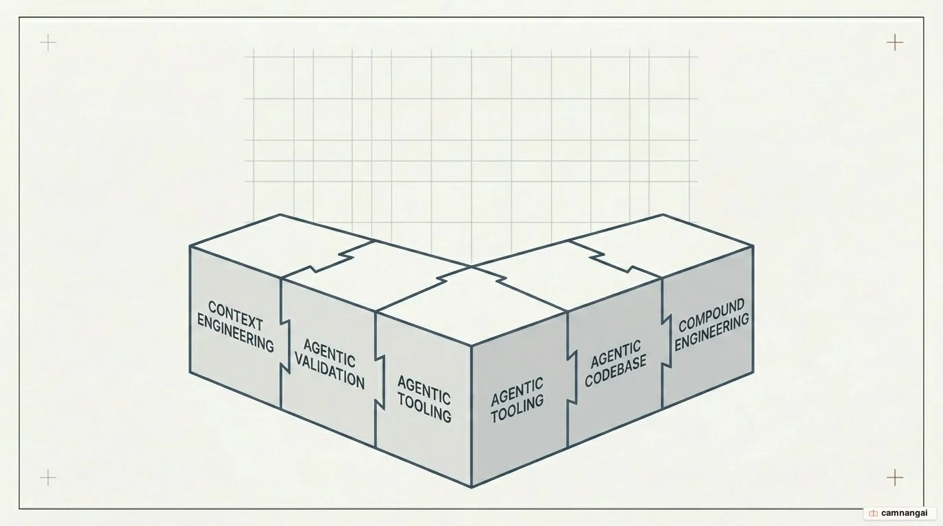 The discipline pillars of agentic engineering: Context Engineering, Agentic Validation, Agentic Tooling, Agentic Codebase and Compound Engineering.