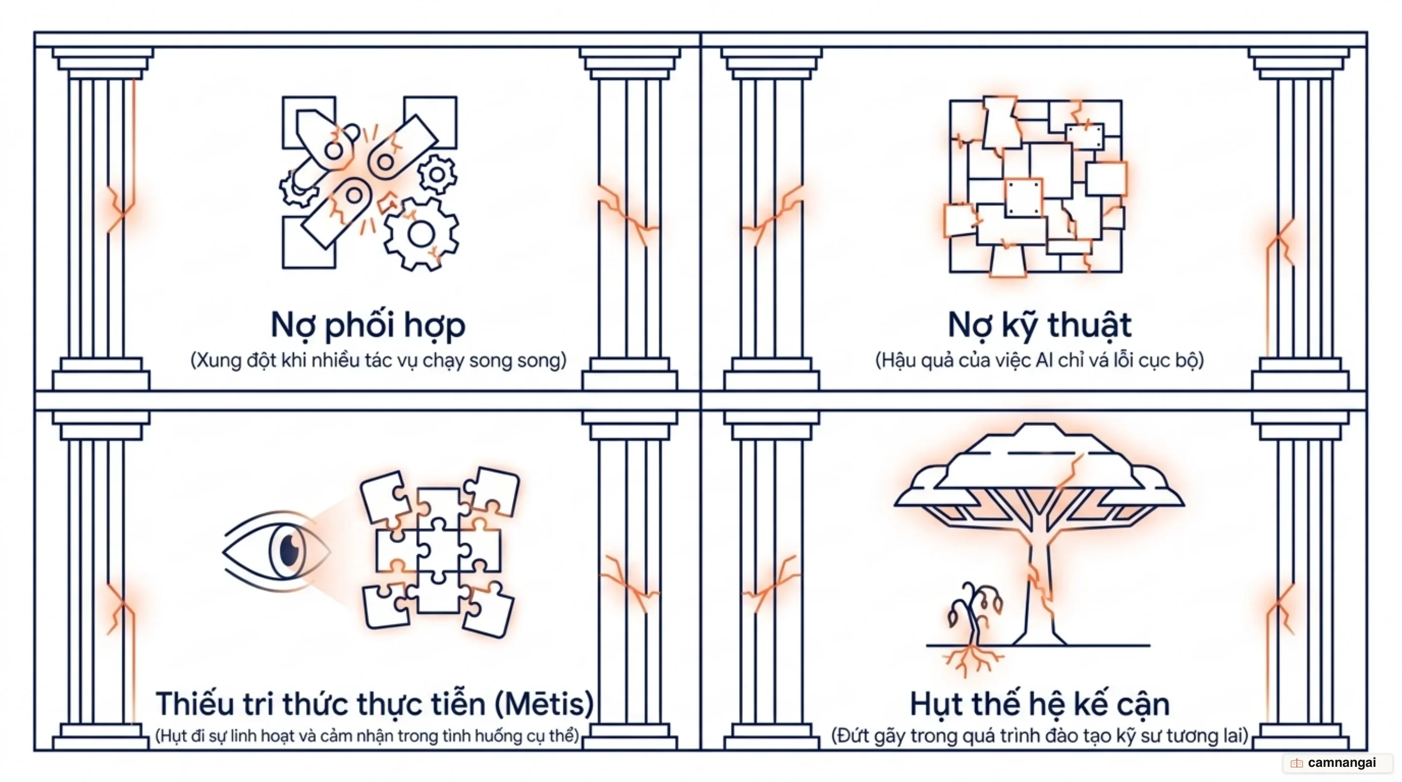 Bốn kiểu hỏng của mô hình nhà máy phần mềm agentic: nợ phối hợp, nợ kỹ thuật do vá lỗi cục bộ, thiếu tri thức thực tiễn mētis, và hụt thế hệ kỹ sư kế cận