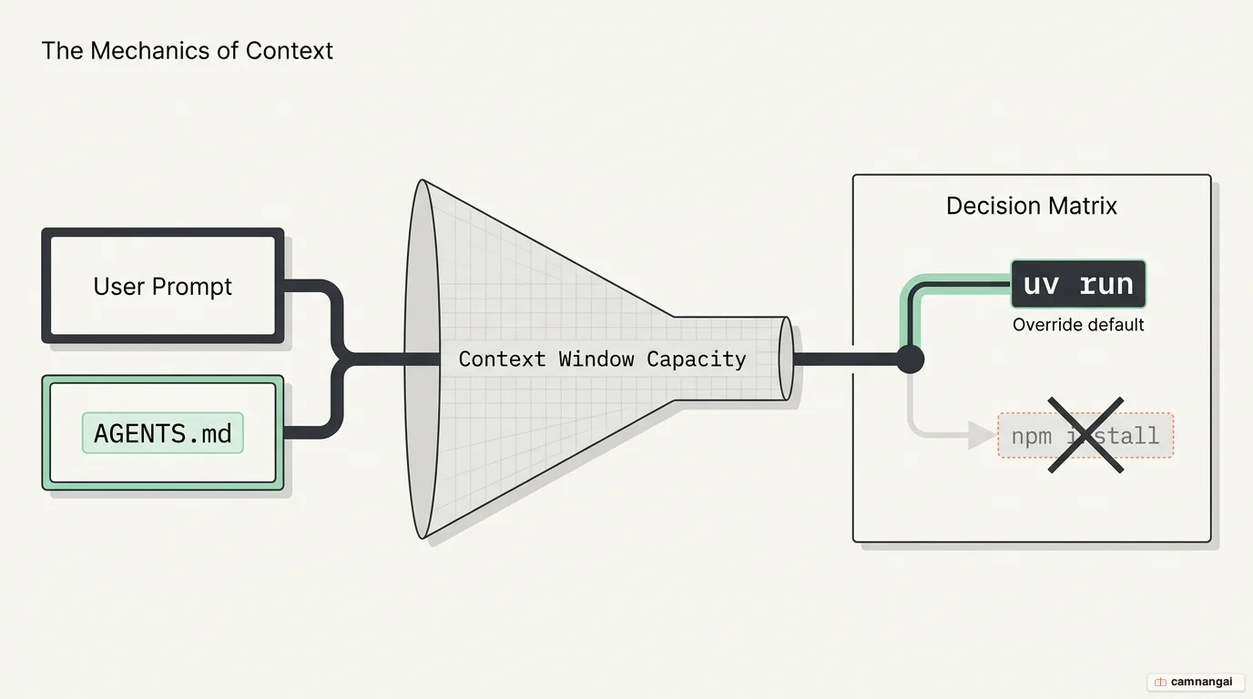 Diagram of how a coding agent loads AGENTS.md into its context window and selects the right tools.