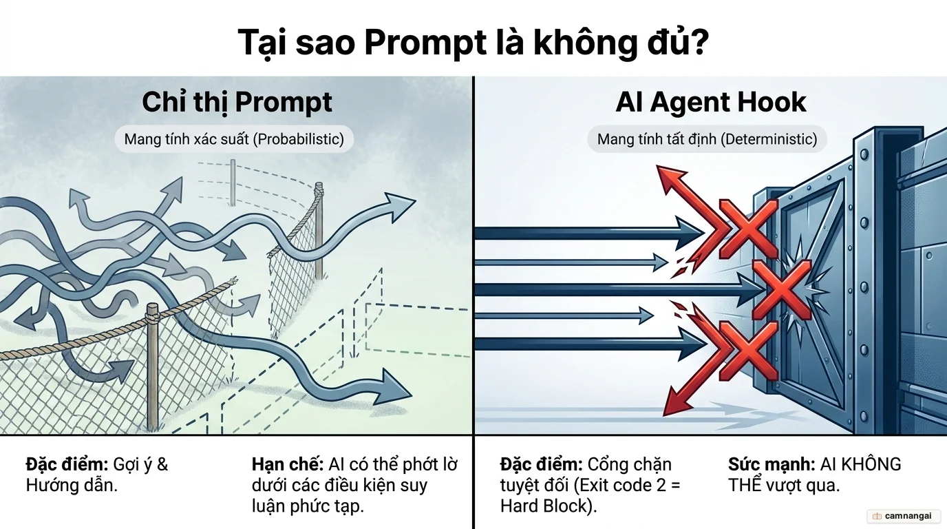 So sánh chỉ thị prompt mang tính gợi ý, xác suất với hook là cổng chặn tất định mà AI không thể vượt qua