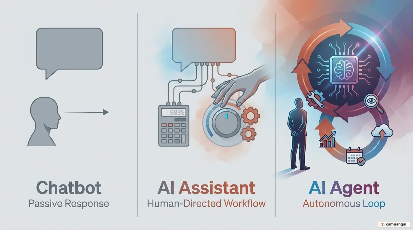 Three levels of AI by increasing autonomy: chatbot, AI assistant and AI agent