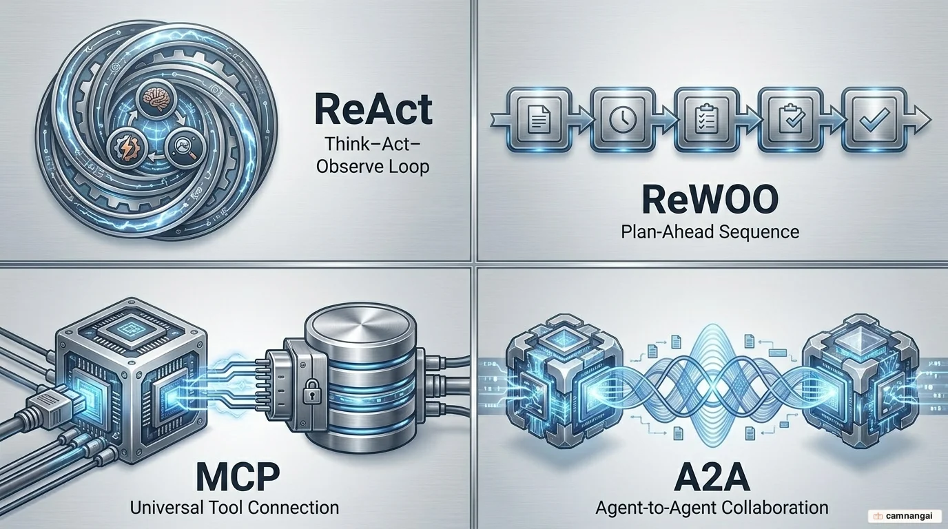 Two reasoning patterns, ReAct and ReWOO, with the MCP and A2A connection protocols