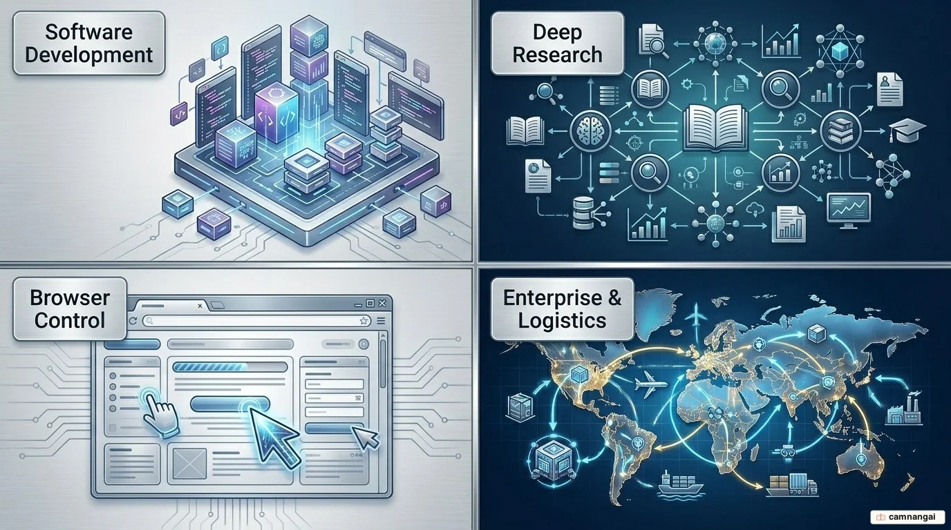 Four real-world application areas of AI agents: software development, research, browser control and enterprise