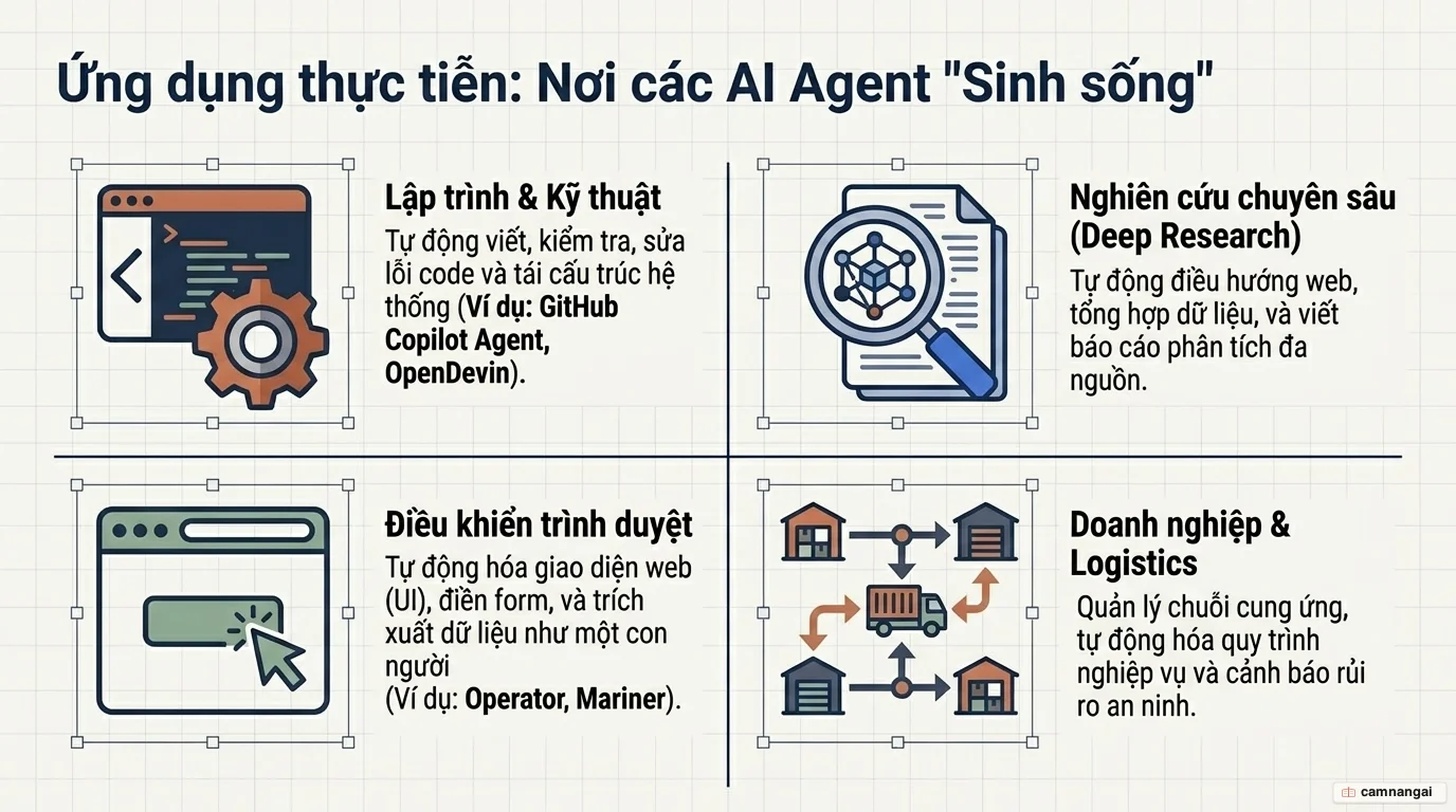 Bốn nhóm ứng dụng thực tế của AI Agent: lập trình, nghiên cứu chuyên sâu, điều khiển trình duyệt và doanh nghiệp