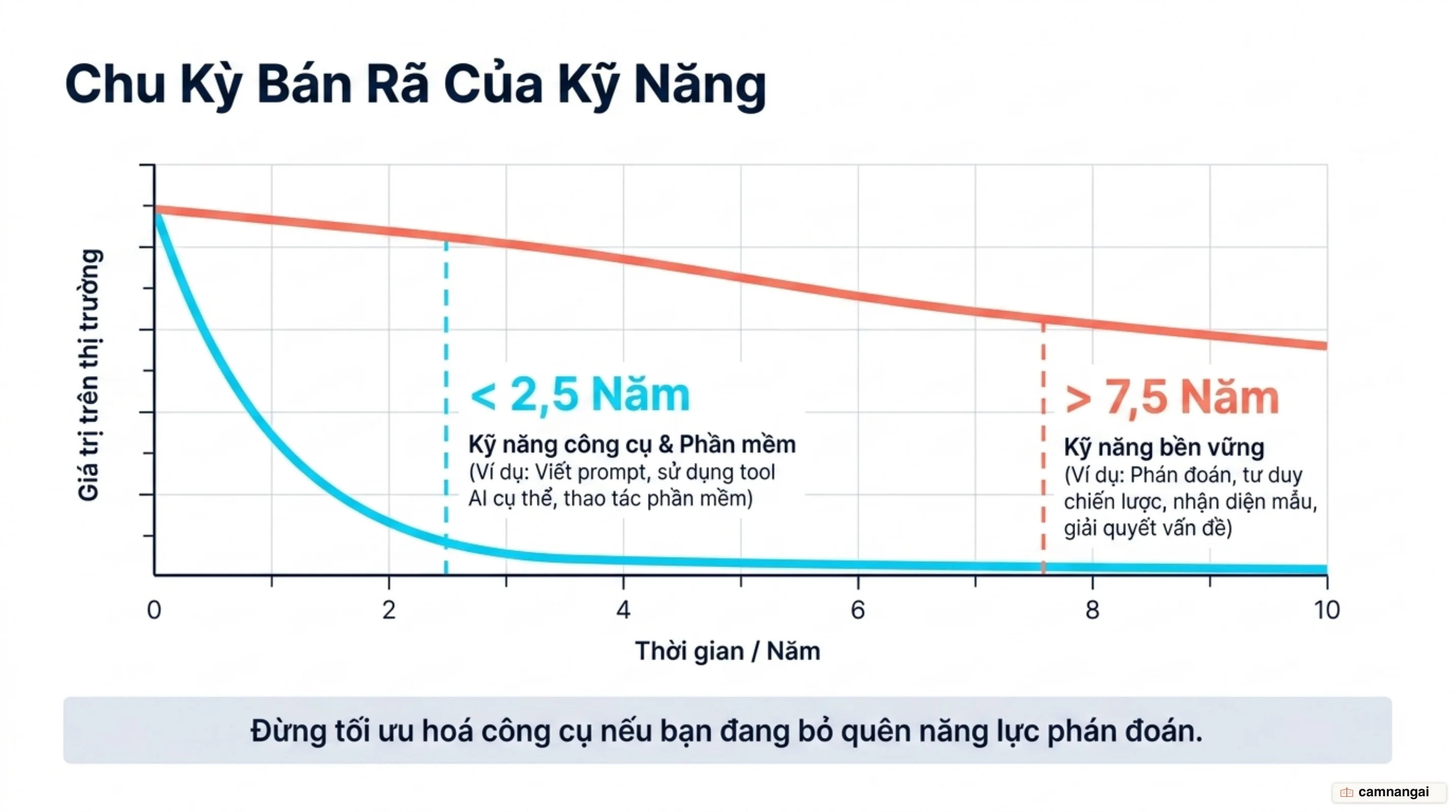 Chu kỳ bán rã của kỹ năng: kỹ năng gắn với công cụ cụ thể tồn tại dưới 2,5 năm, so với kỹ năng bền vững như phán đoán kéo dài trên 7,5 năm