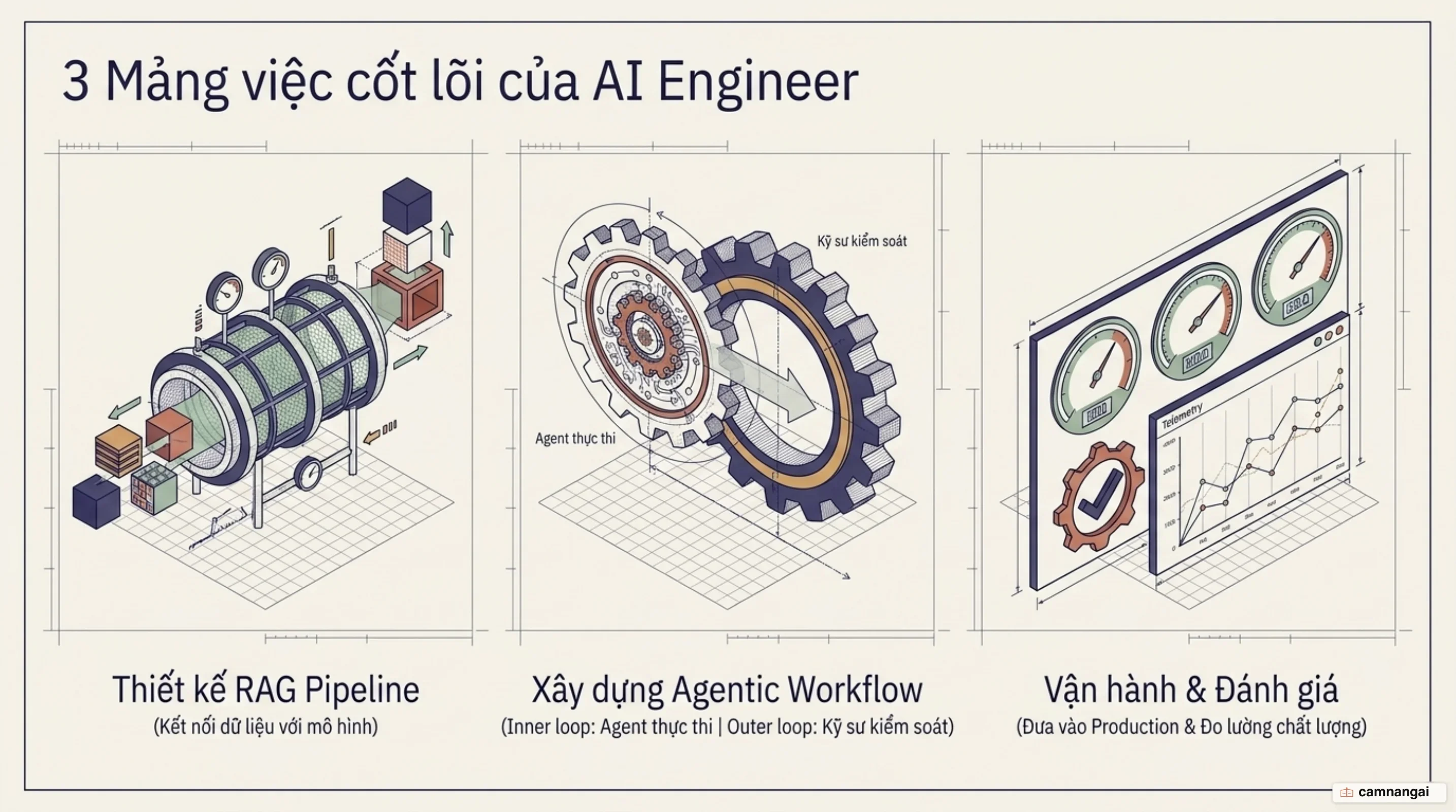 Ba mảng công việc của AI Engineer: thiết kế RAG pipeline, xây dựng agentic workflow với inner loop và outer loop, vận hành production kèm đánh giá