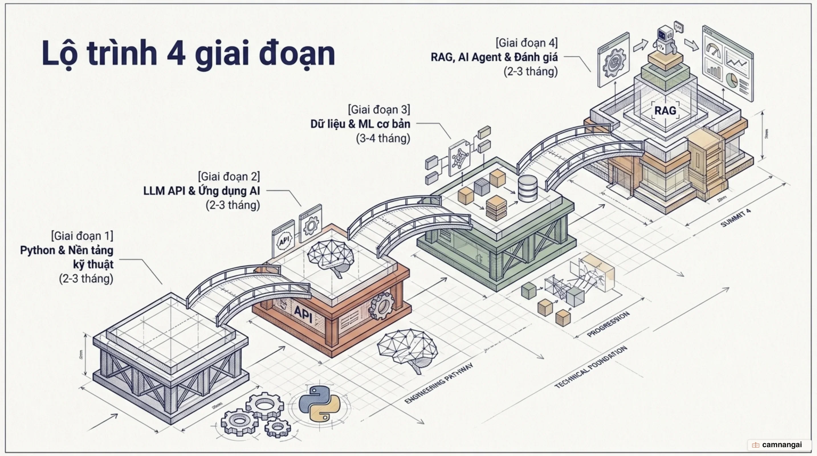Lộ trình bốn giai đoạn trở thành AI Engineer kèm thời lượng từng giai đoạn