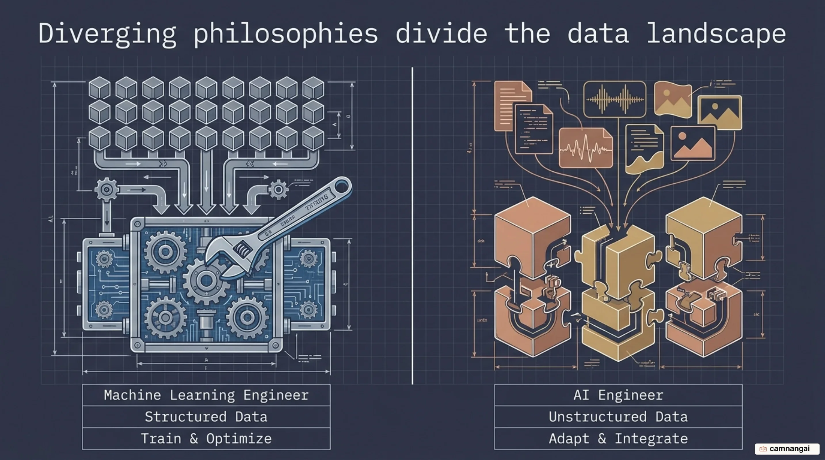 The core split between the two roles: training and optimizing models on structured data versus adapting existing models on unstructured data