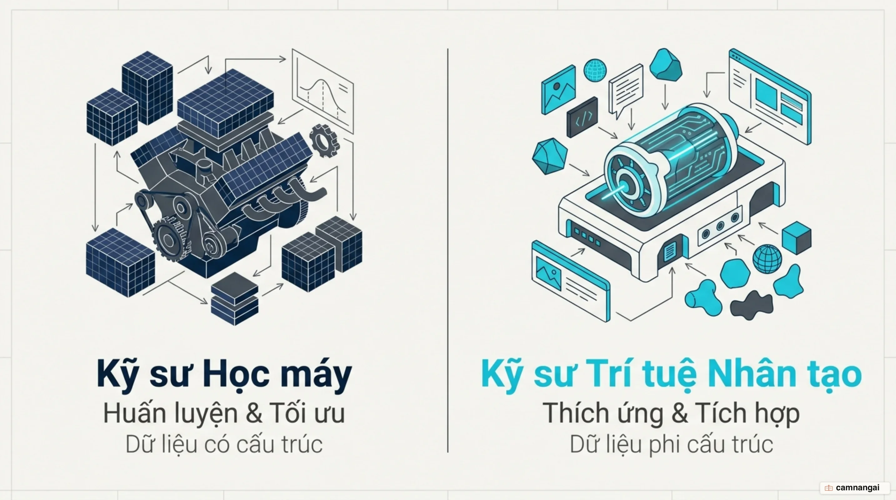 So sánh hai vai trò: một bên huấn luyện và tối ưu mô hình trên dữ liệu có cấu trúc, một bên thích ứng mô hình có sẵn trên dữ liệu phi cấu trúc