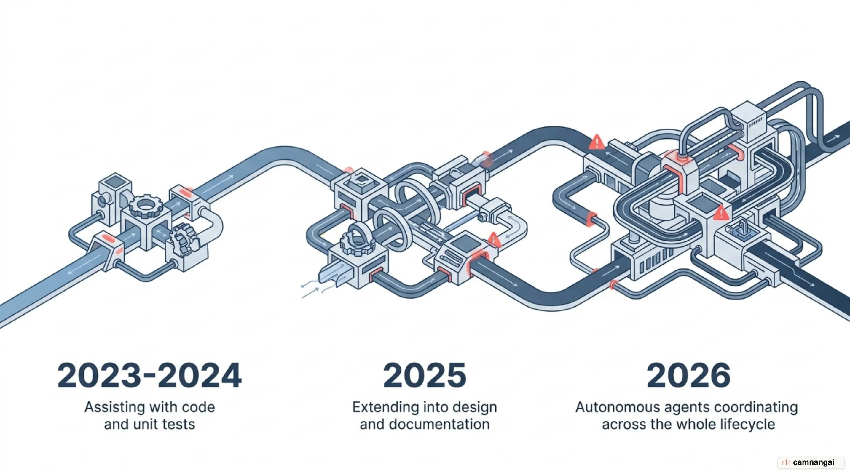 Three stages of AI in software engineering: 2023-2024 code and unit tests, 2025 design and documentation, 2026 autonomous agents across the lifecycle