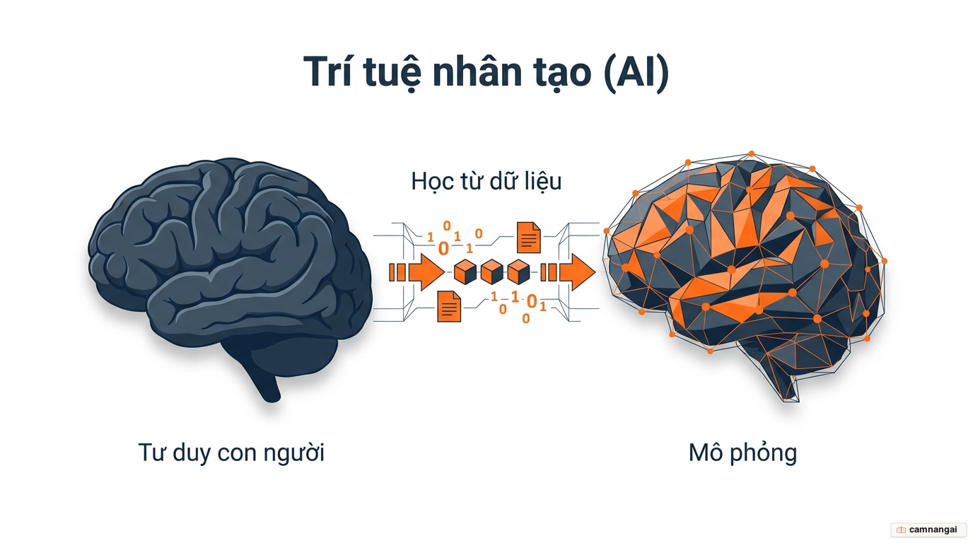 Minh hoạ trí tuệ nhân tạo: bộ não lai giữa con người và máy tính, học hỏi từ những dòng dữ liệu
