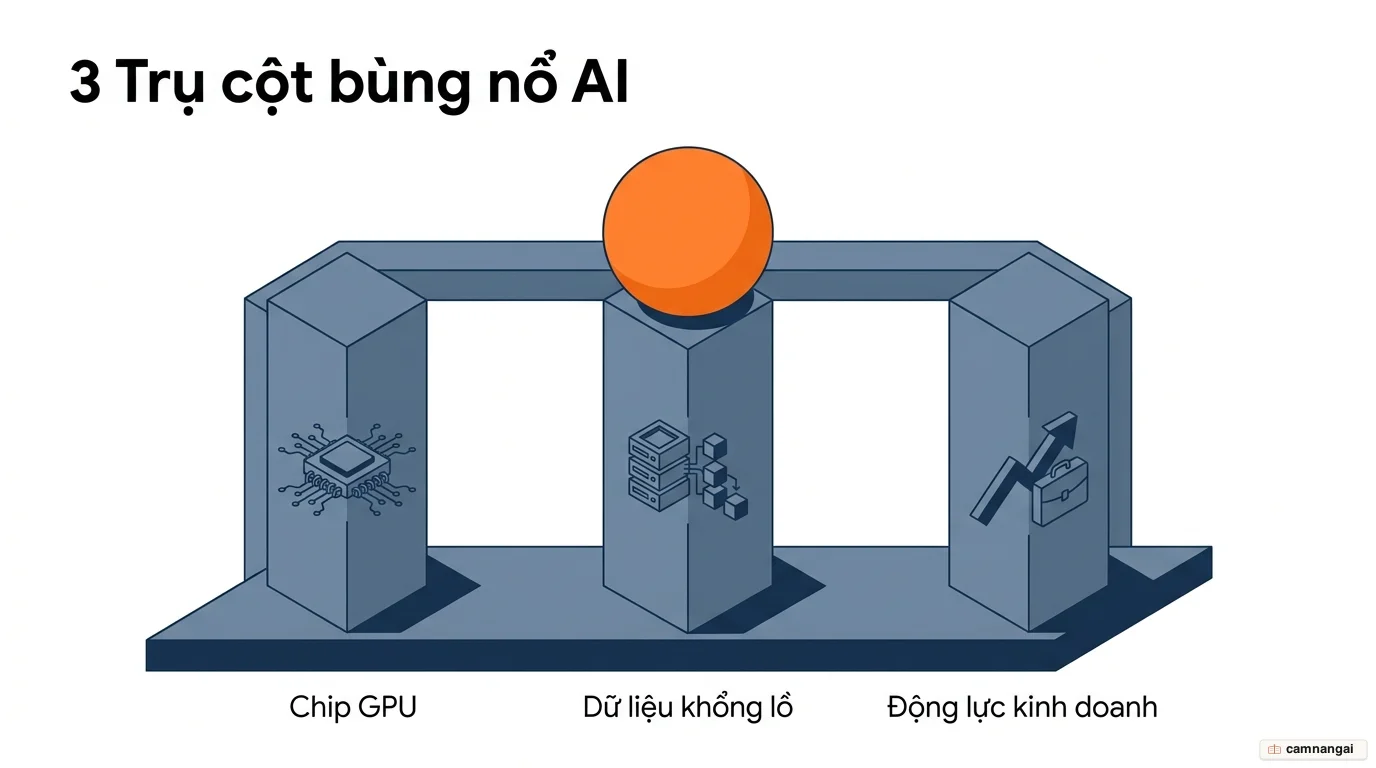 Ba trụ cột nâng đỡ sự bùng nổ của AI: chip GPU mạnh mẽ, kho dữ liệu khổng lồ và động lực kinh doanh
