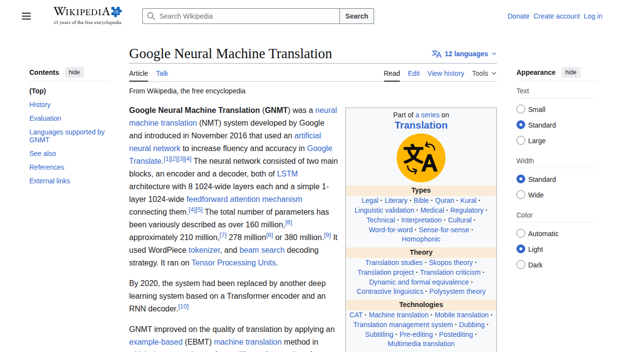 Trang Wikipedia về Google Neural Machine Translation, mô tả hệ thống dịch máy neural Google triển khai năm 2016