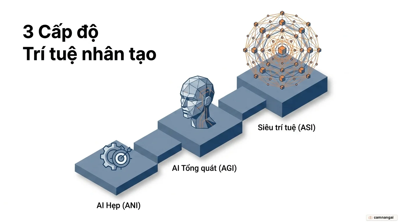 Ba cấp độ trí tuệ nhân tạo xếp tầng dần lên: AI hẹp (ANI), AI tổng quát (AGI) và siêu trí tuệ (ASI)