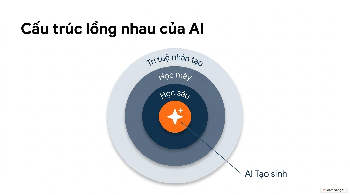 Các lớp lồng nhau của AI: trí tuệ nhân tạo bao ngoài cùng, bên trong là học máy, rồi đến học sâu, trong cùng là AI tạo sinh