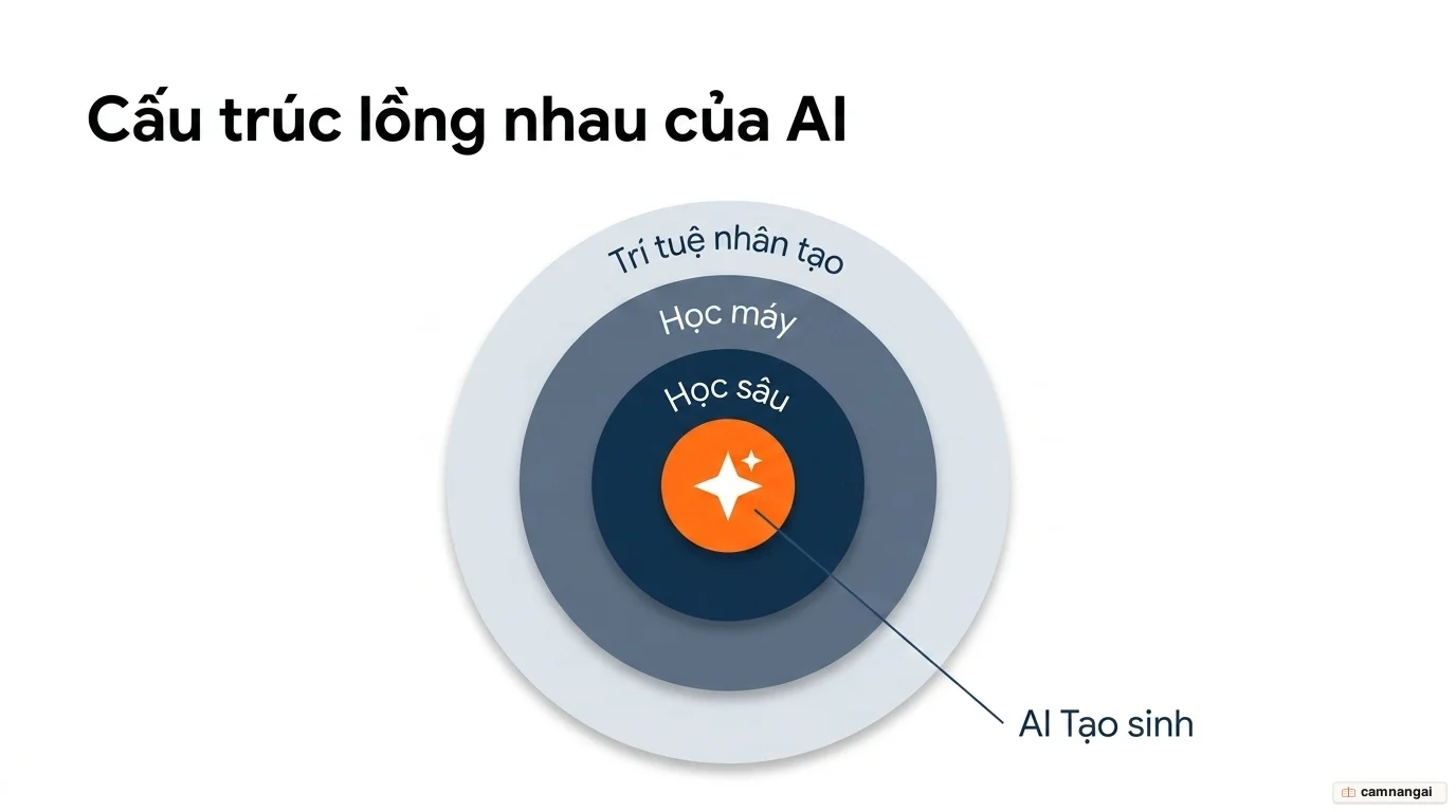 Các lớp lồng nhau của AI: trí tuệ nhân tạo bao ngoài cùng, bên trong là học máy, rồi đến học sâu, trong cùng là AI tạo sinh