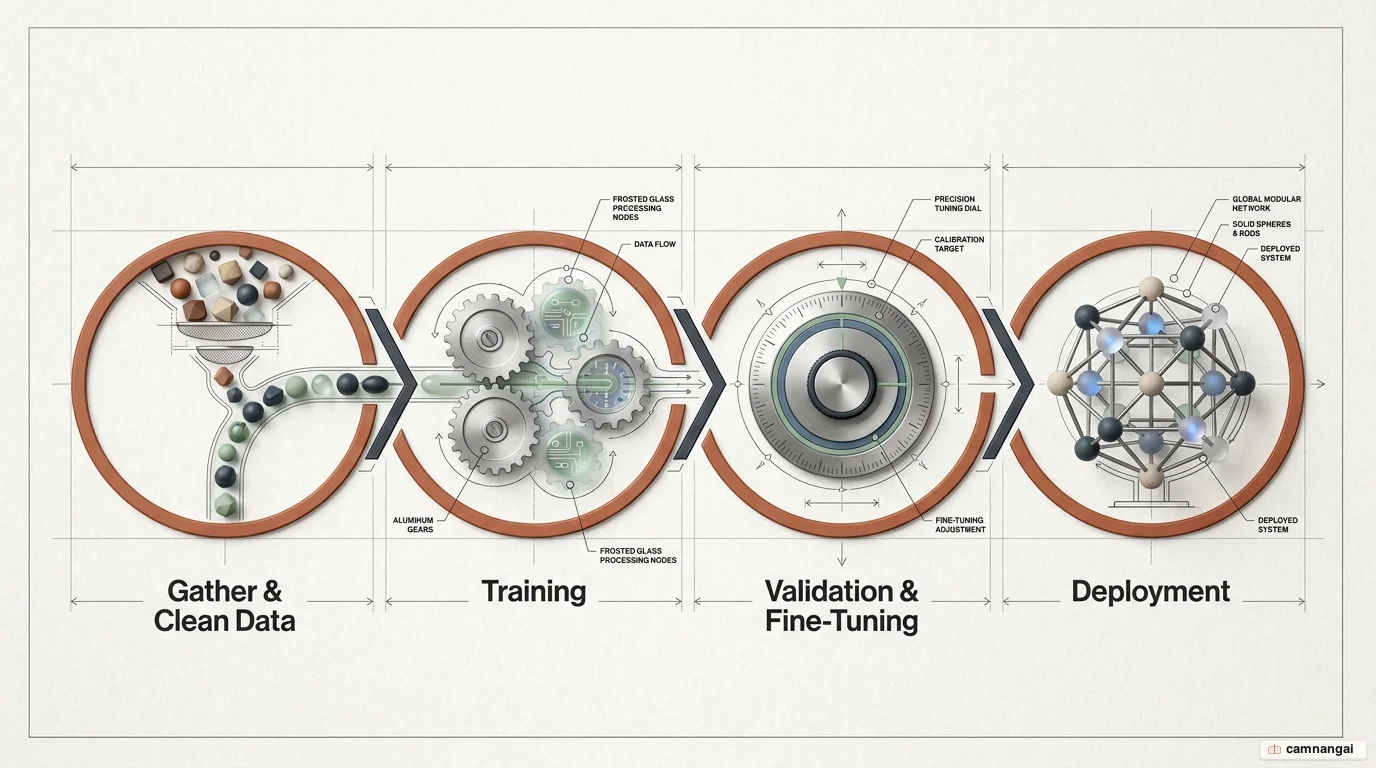 The four-stage AI model training lifecycle: gather and clean data, train, validate and fine-tune, then deploy