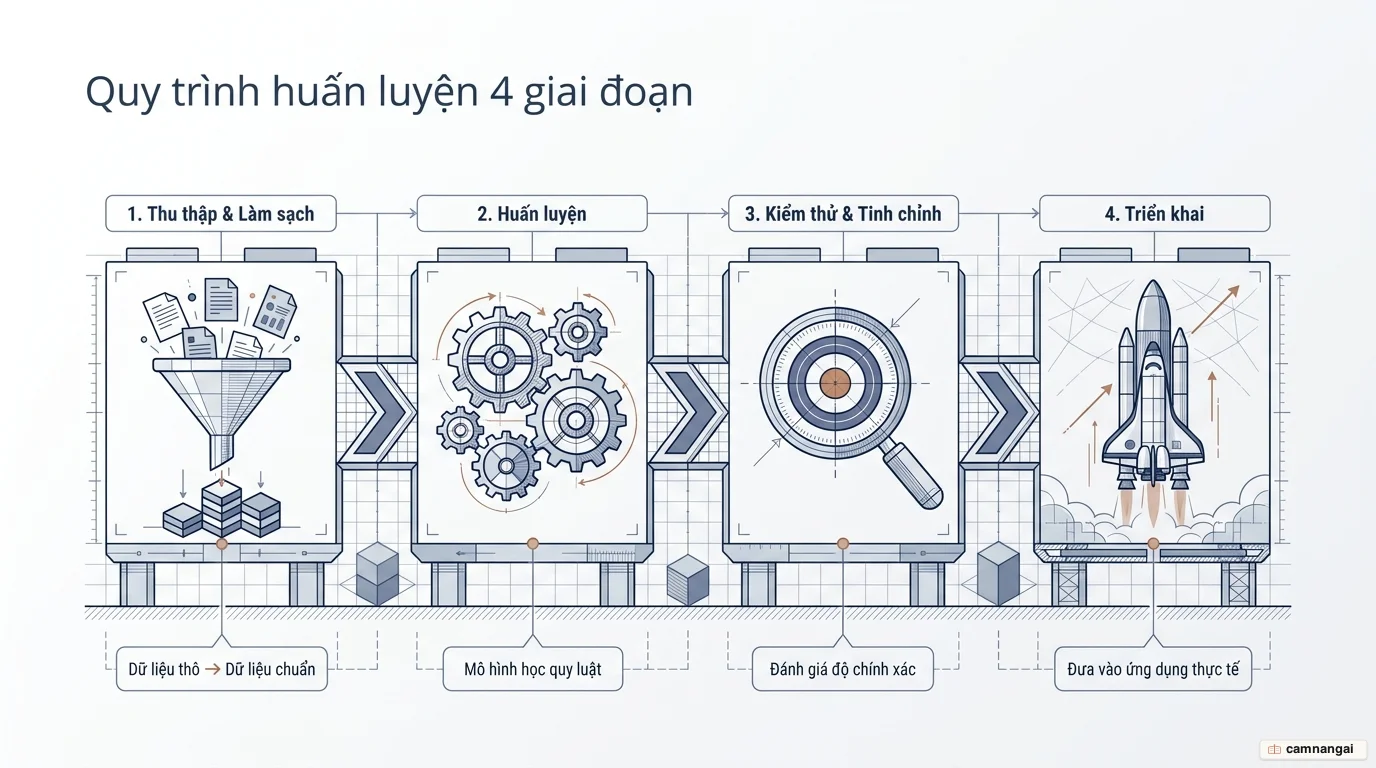 Quy trình huấn luyện mô hình AI bốn giai đoạn: thu thập và làm sạch dữ liệu, huấn luyện, kiểm thử và tinh chỉnh, rồi triển khai
