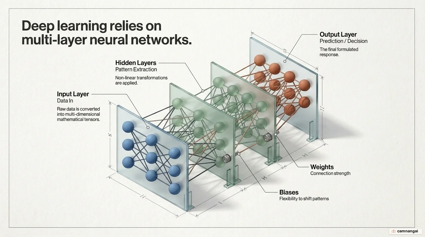A multi-layer neural network structure: input layer, hidden layers and output layer, with weights and biases on the connections