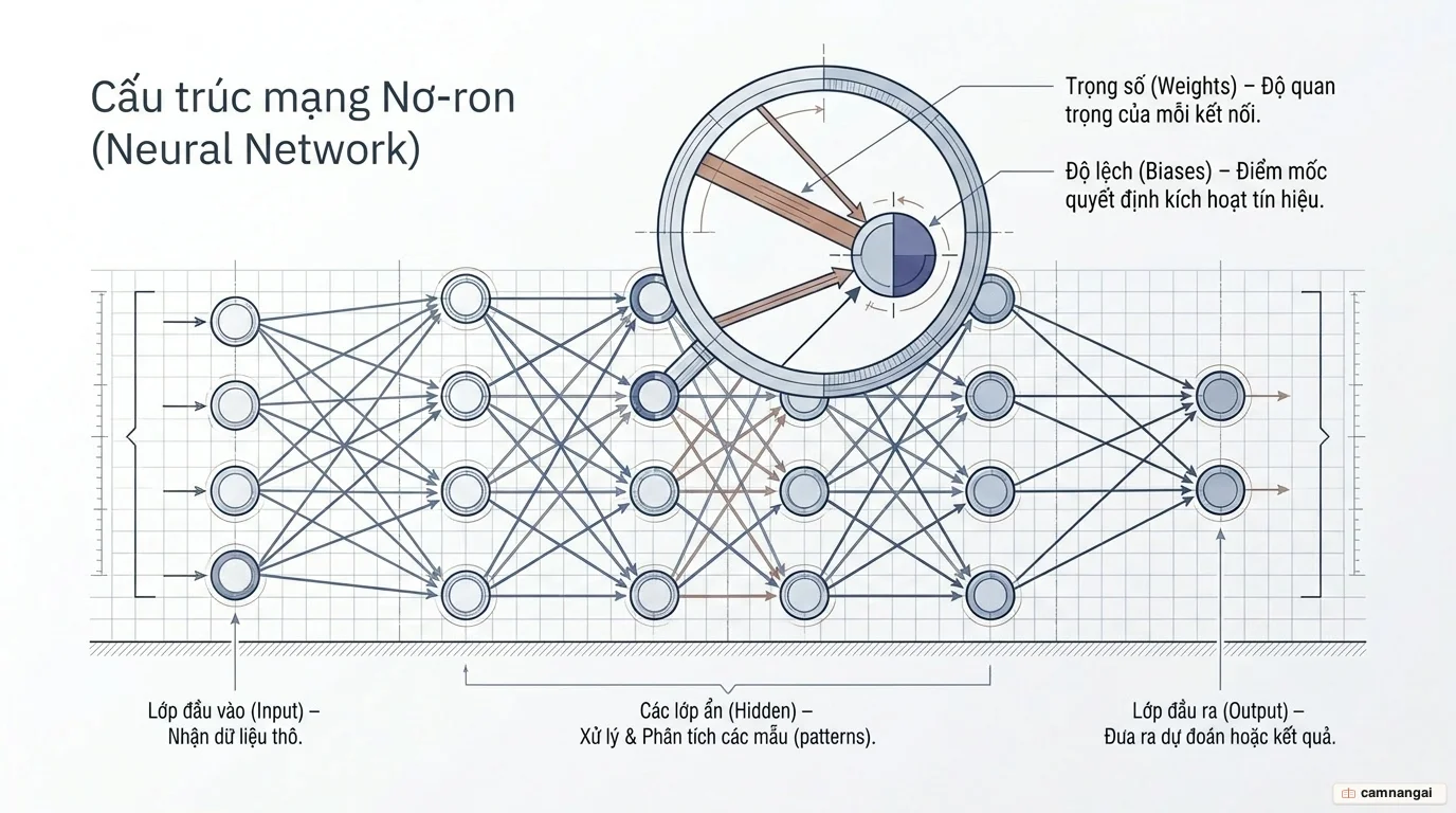 Cấu trúc mạng nơ-ron nhiều lớp: lớp đầu vào, các lớp ẩn và lớp đầu ra, với trọng số và độ lệch trên các kết nối