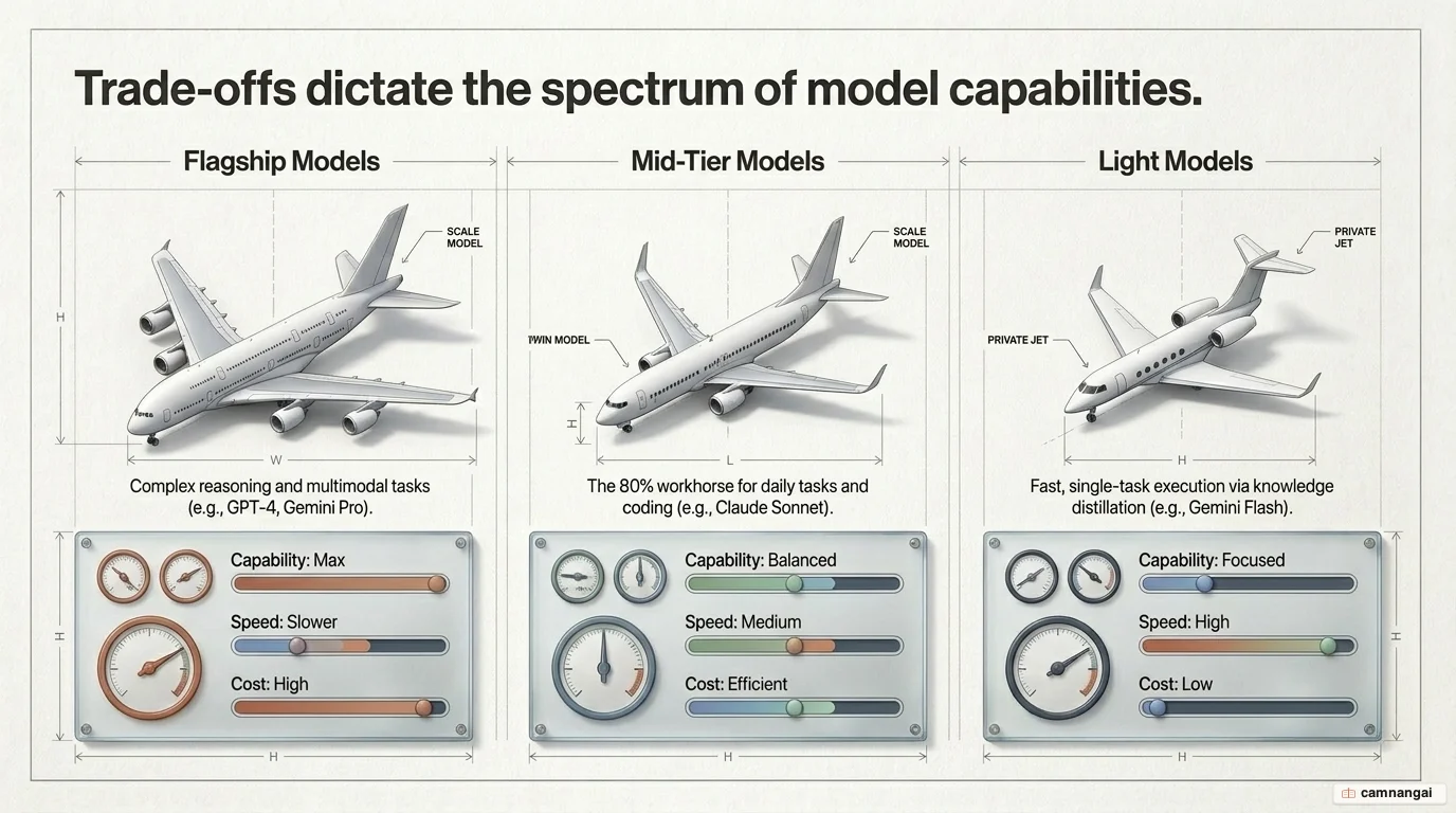 The spectrum of AI model types as an airplane analogy: large flagship models, mid-tier models and small light models