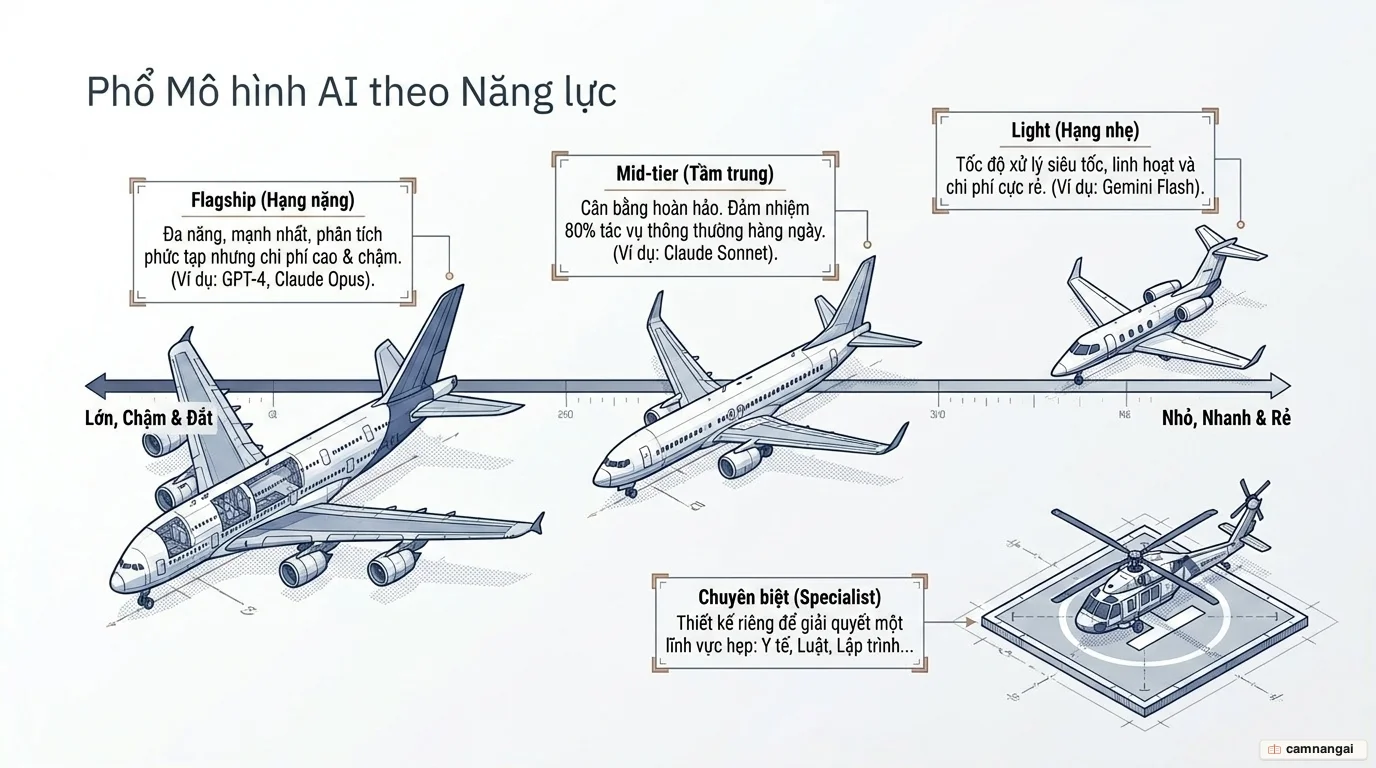 Phổ các loại mô hình AI theo ẩn dụ máy bay: mô hình flagship lớn, mô hình mid-tier tầm trung và mô hình light nhỏ gọn