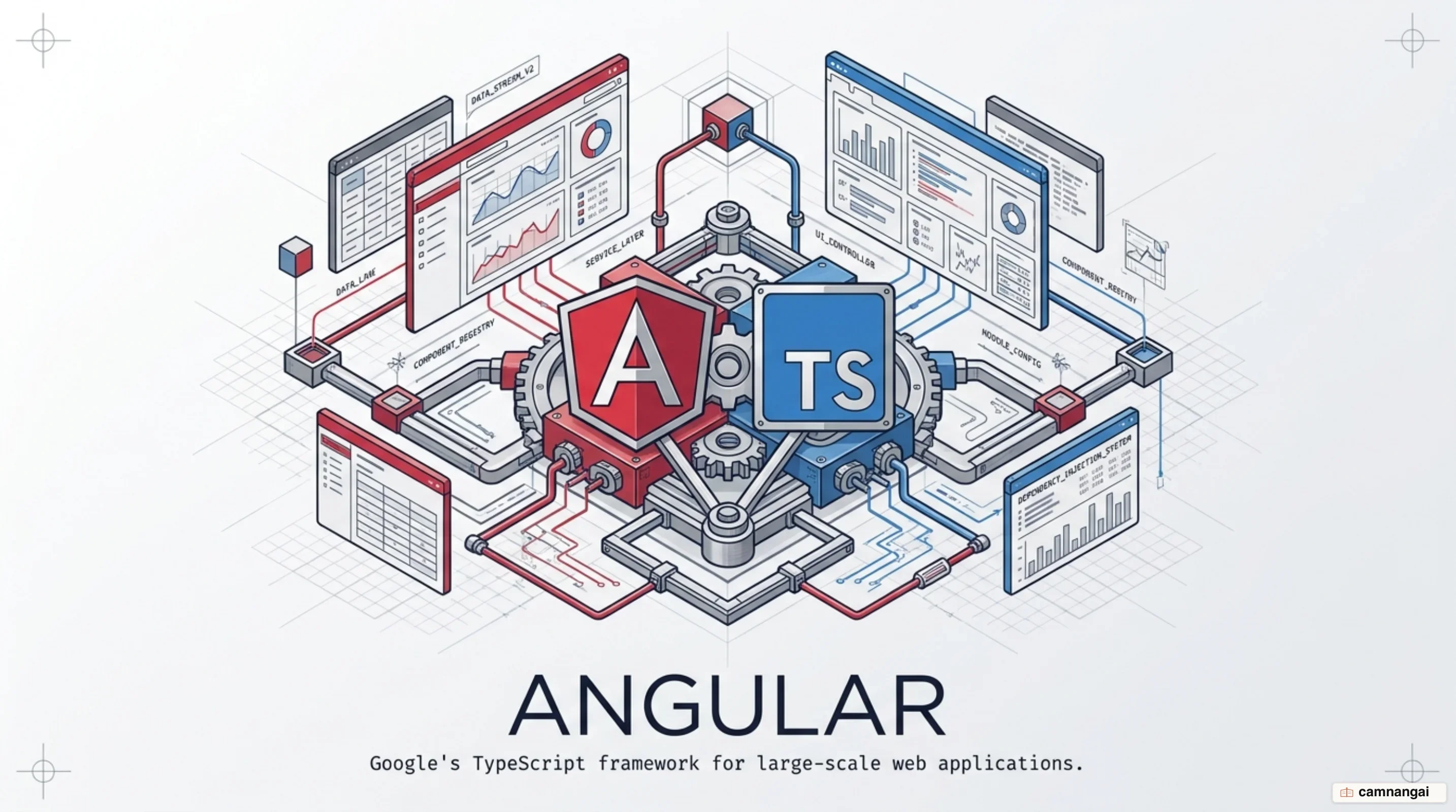 Angular is Google's TypeScript framework for building large-scale web applications on one consistent structure
