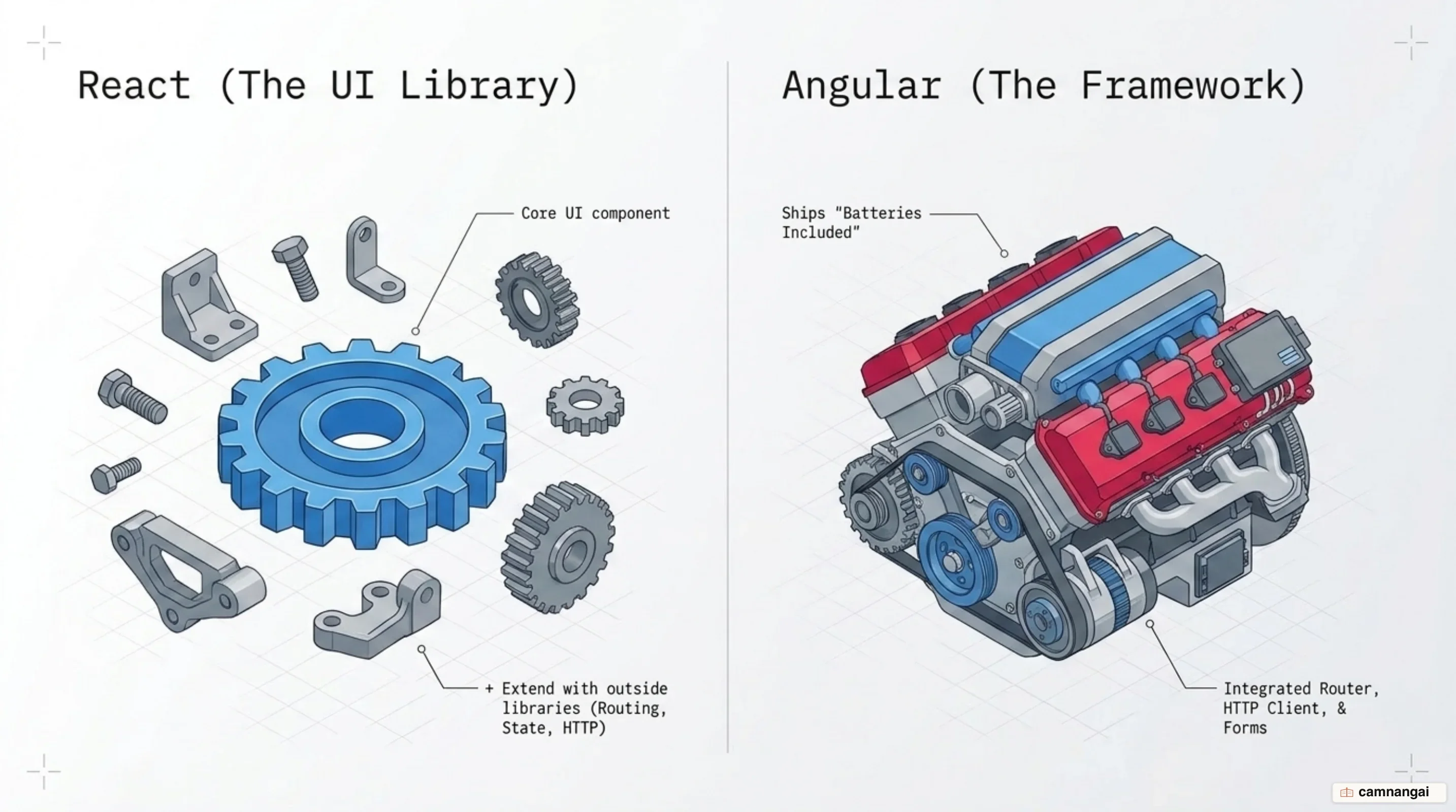 React is a UI library you extend with outside libraries, while Angular is a framework shipping router, HTTP client and forms in the box