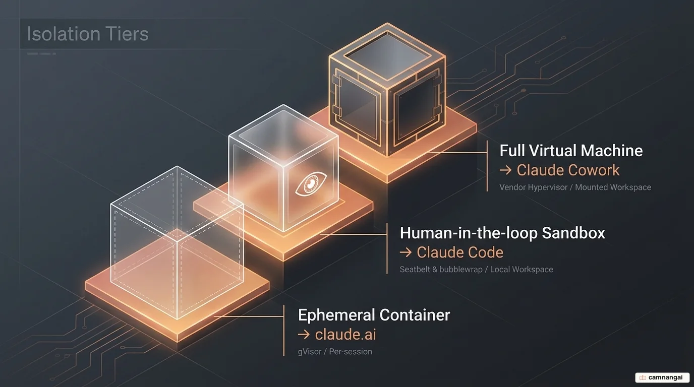 Three escalating isolation tiers by access level: an ephemeral container for claude.ai, a human-in-the-loop sandbox for Claude Code, and a full virtual machine for Claude Cowork