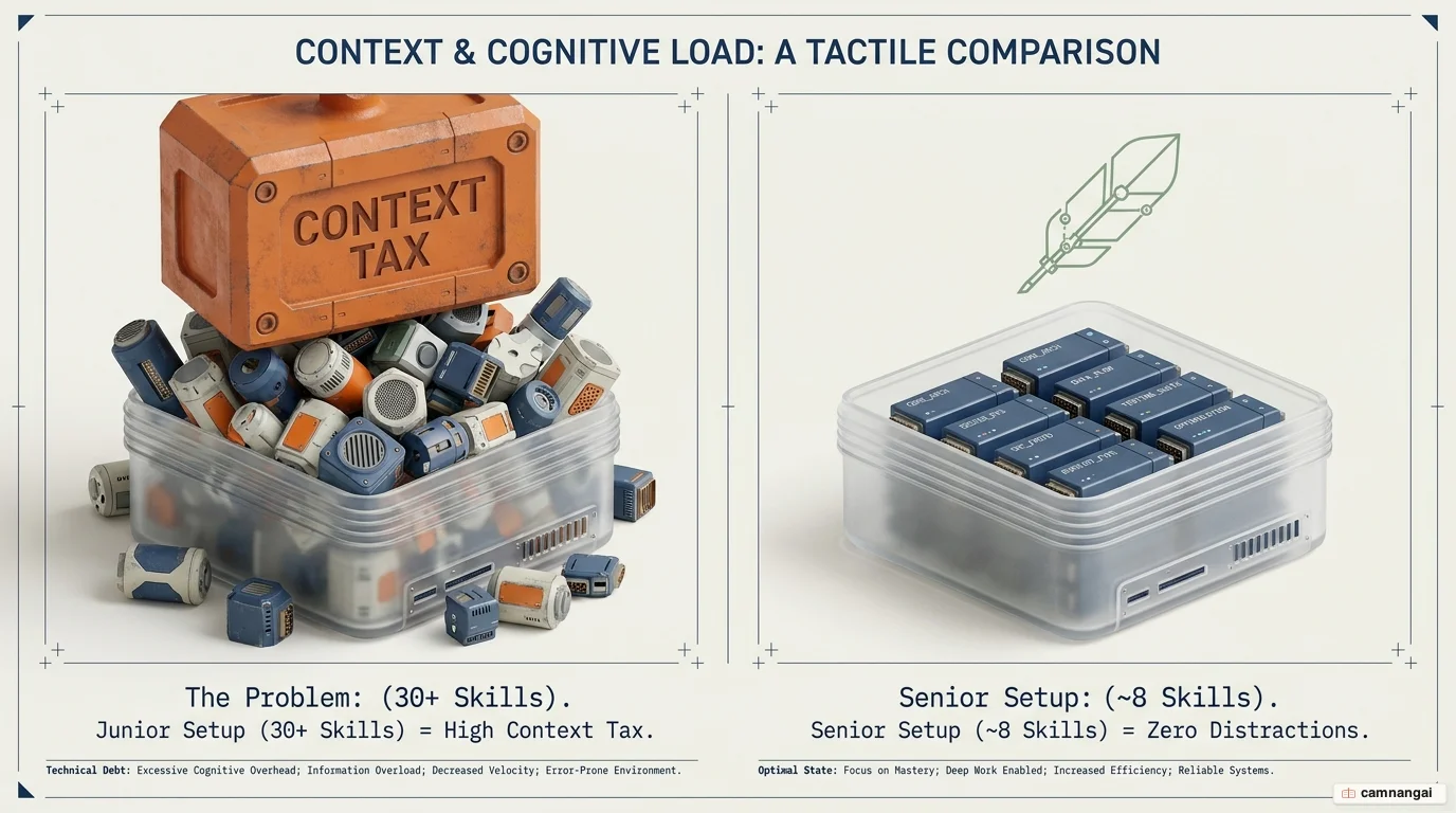 Diagram of the context tax: each skill's description fills the context window, contrasting a crowded junior setup of 30+ skills with a lean senior setup of about 8