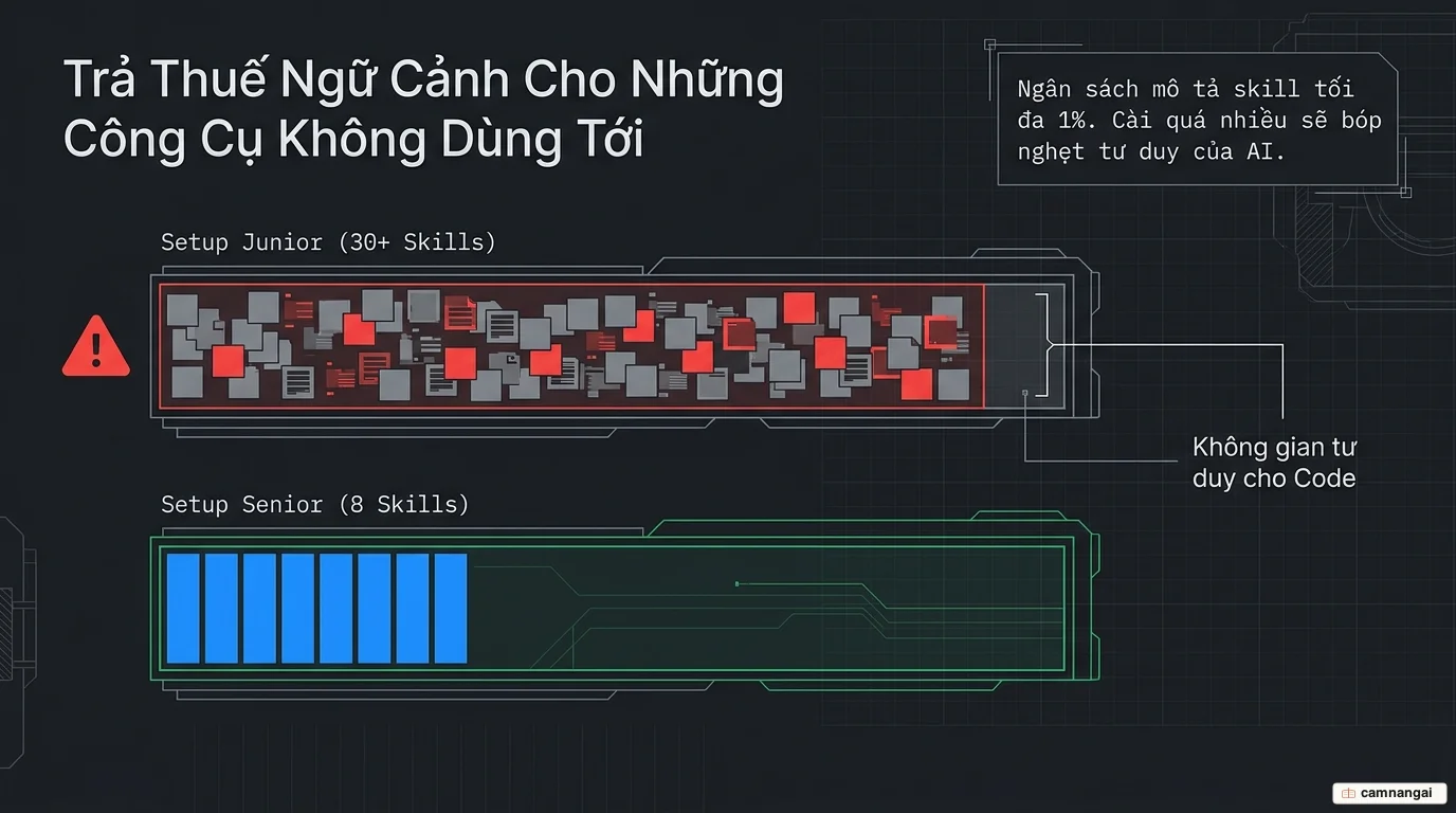Sơ đồ thuế ngữ cảnh: mô tả của từng skill lấp đầy cửa sổ ngữ cảnh, so sánh setup junior hơn 30 skill chật chội với setup senior khoảng 8 skill gọn nhẹ