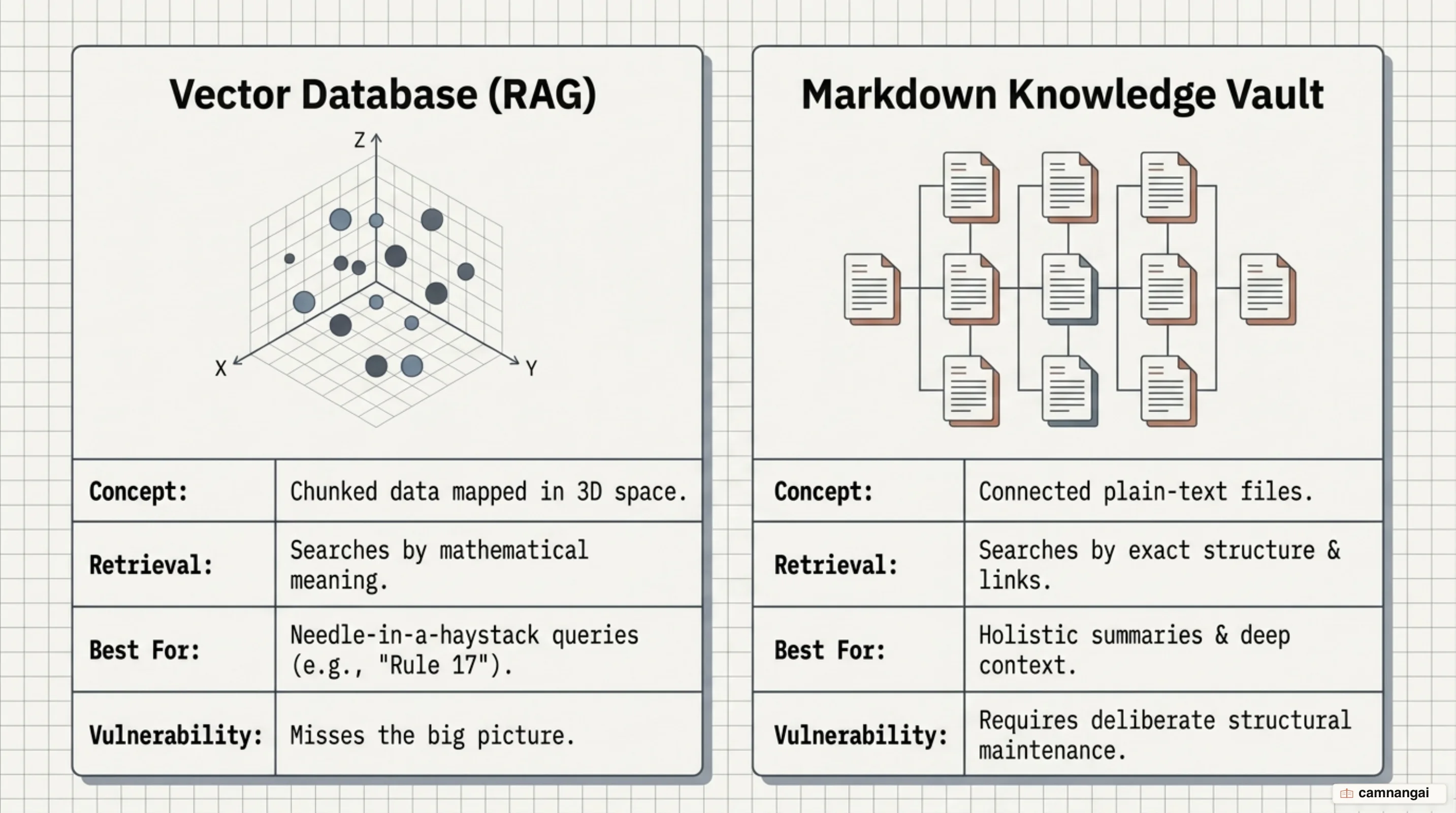 Comparison of the two builds: a vector database versus a markdown knowledge vault