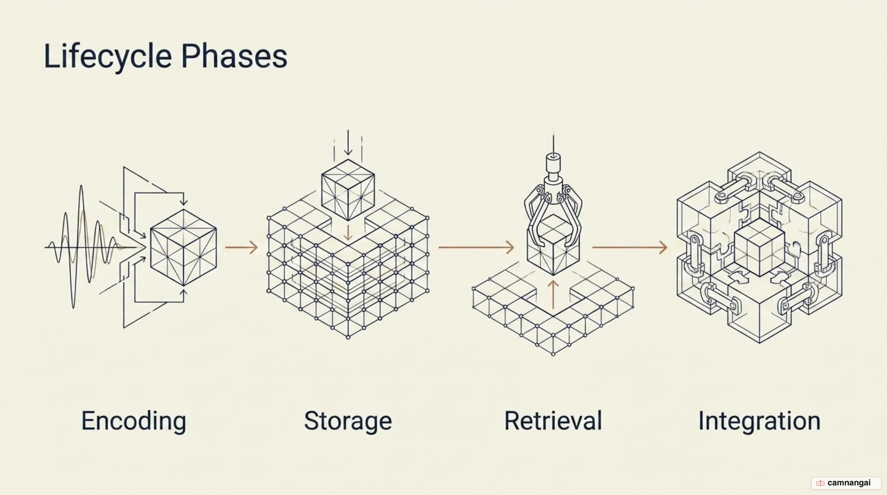 The four stages of a memory: encoded into a vector, stored, retrieved by similarity, then integrated back into the model's context