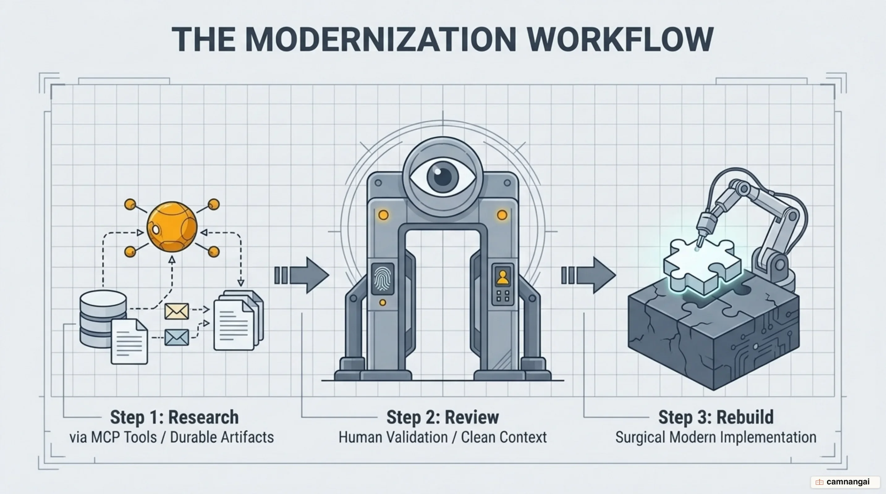 The three-phase Research, Review, and Rebuild modernization loop using AI agents and Model Context Protocol.