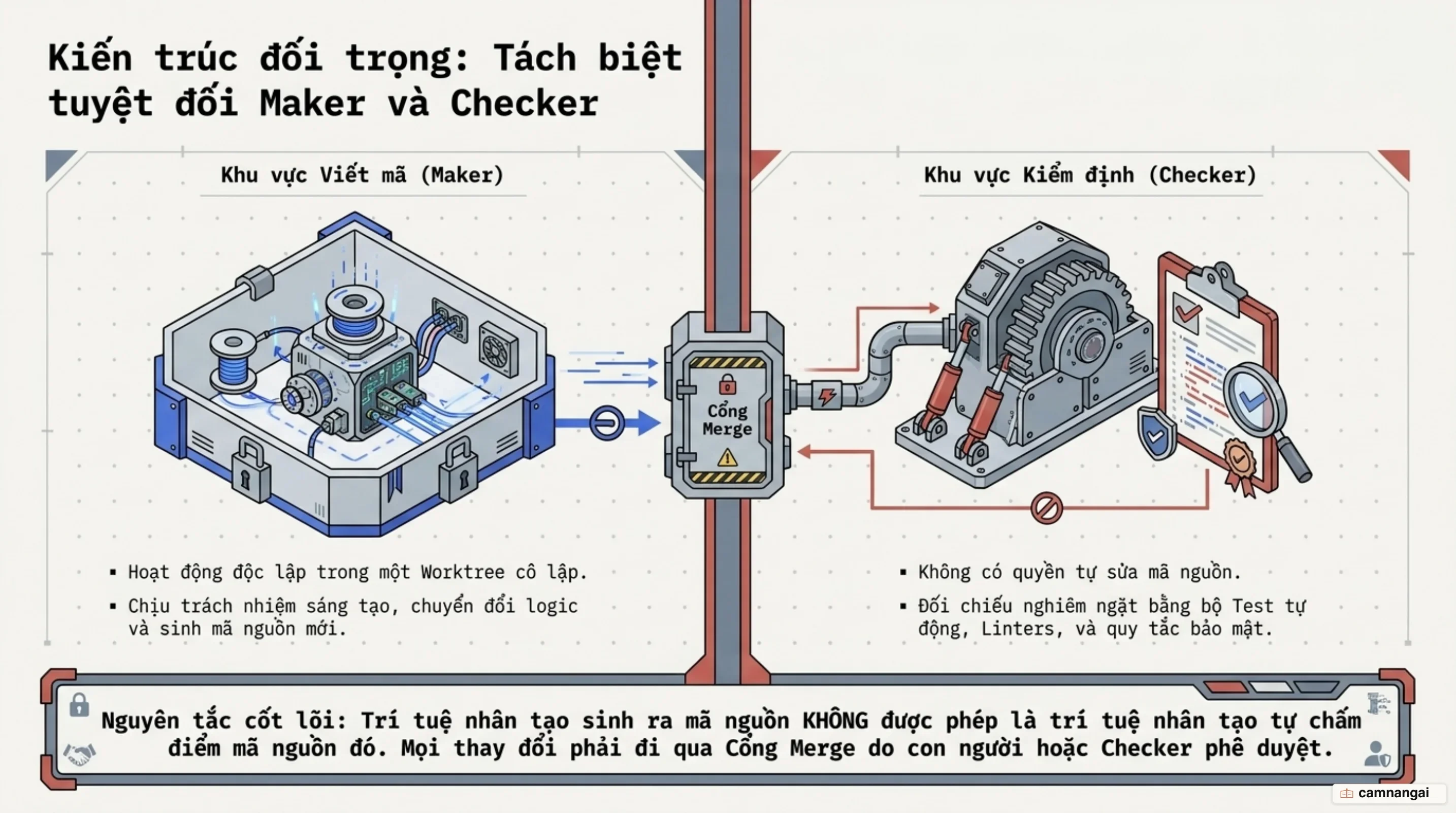 Kiến trúc Harness tách bạch Maker và Checker: Agent viết code không được tự chấm điểm bài làm của chính mình.