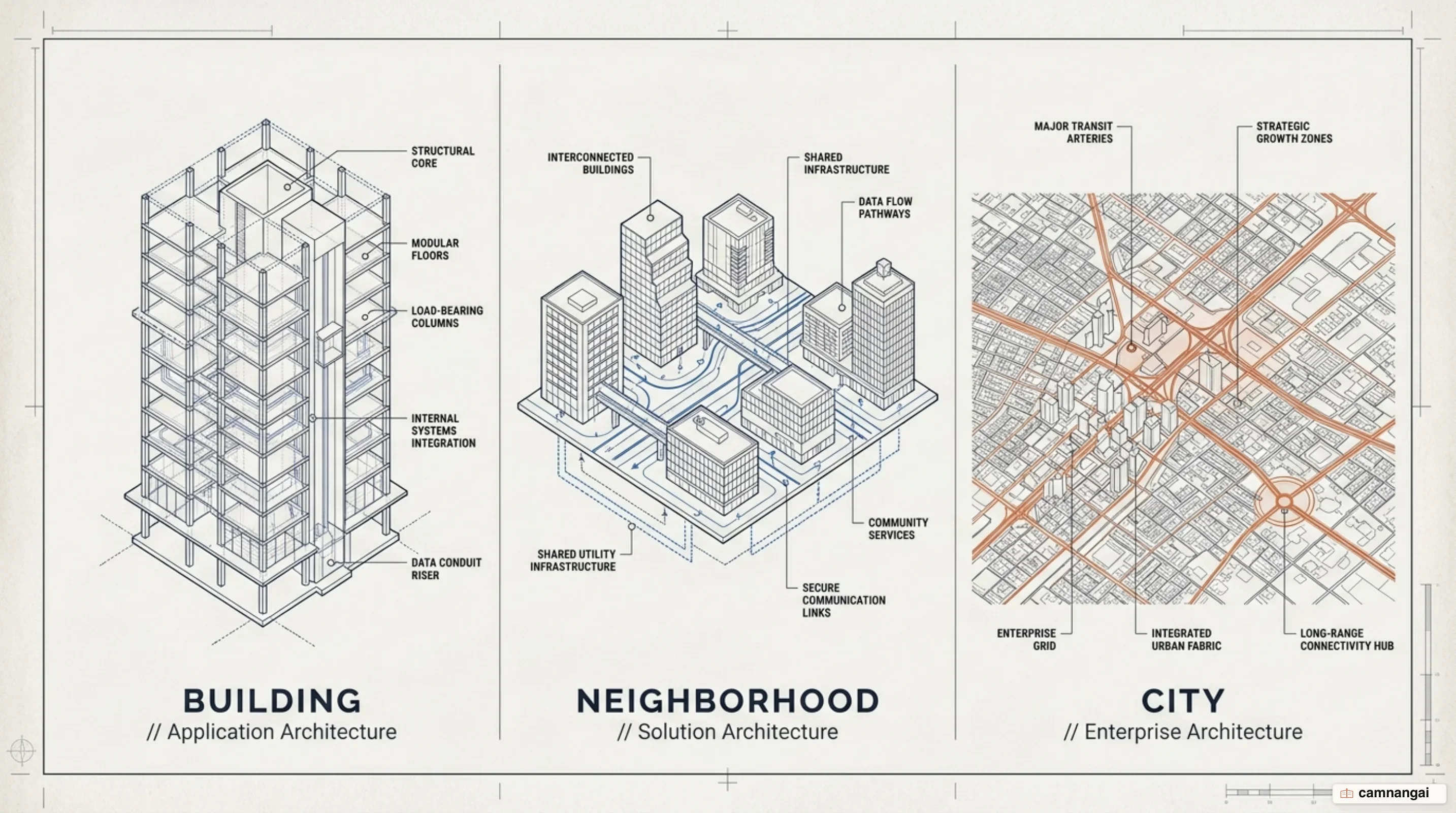 Urban planning model mapping building, neighborhood, and city to architectural levels