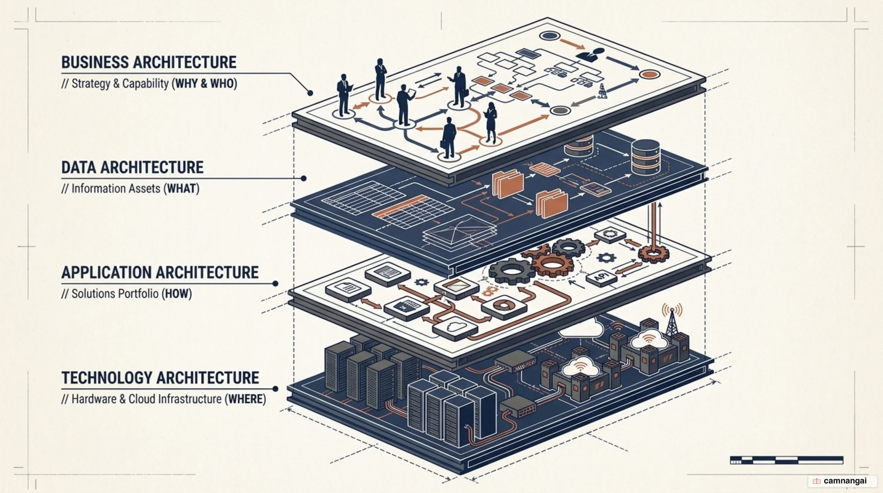 Four interconnected enterprise architecture domains aligning strategy, data, applications, and technology