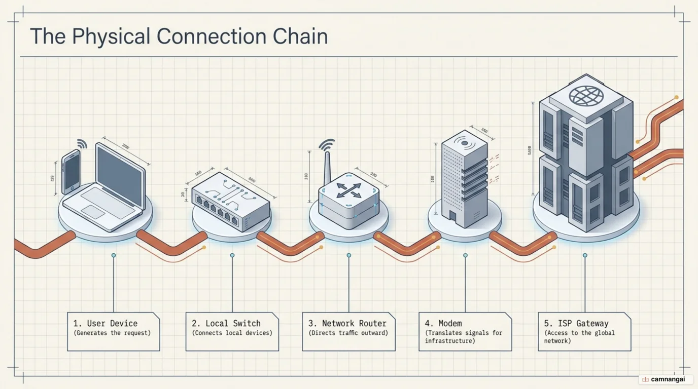 The chain of devices connecting your computer to the internet: two computers, a switch, a router, a modem, then the ISP