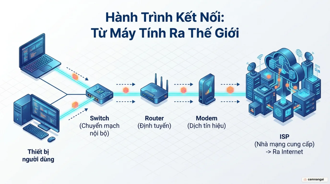Chuỗi thiết bị nối máy tính của bạn ra Internet: hai máy tính, switch, router, modem rồi đến ISP
