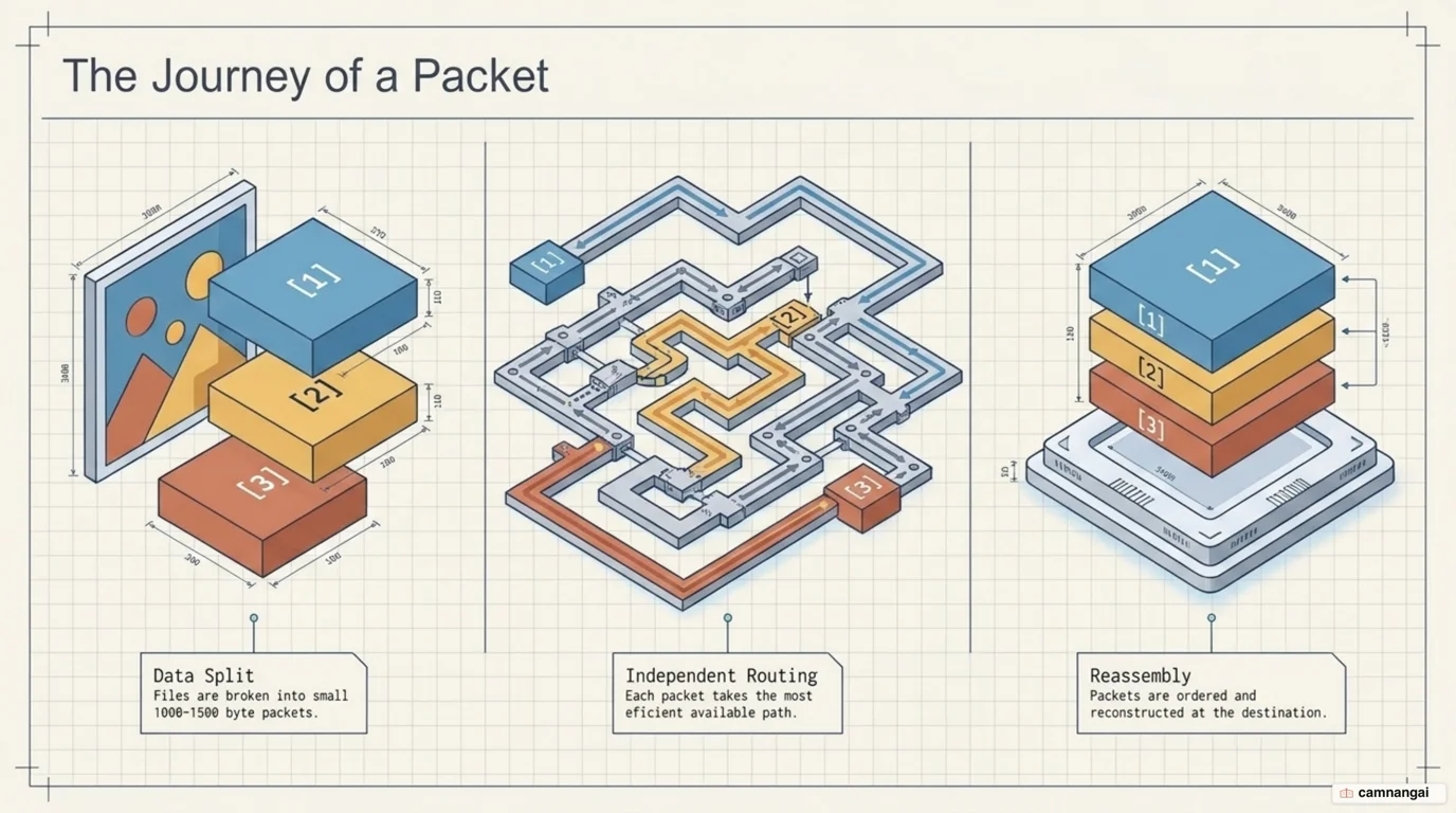 A file split into numbered packets that travel different routes and are reassembled at the destination