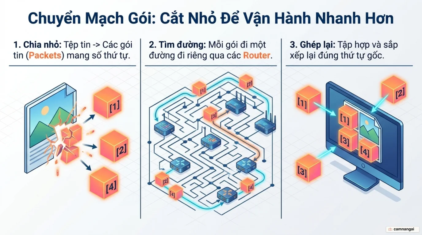 Một tệp tin được cắt thành nhiều gói tin đánh số, đi theo các tuyến đường khác nhau rồi được ghép lại ở máy nhận