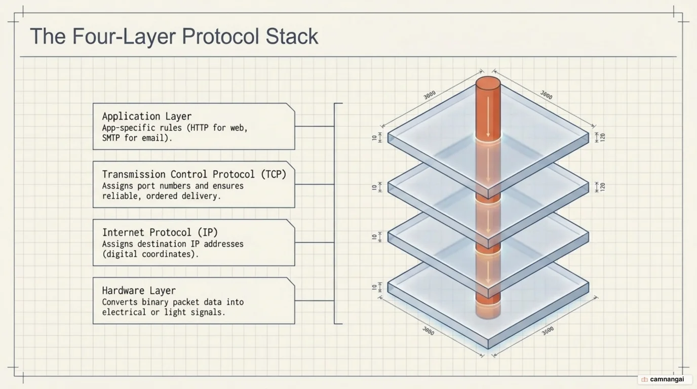 The four-layer TCP/IP protocol stack: application layer, TCP layer, IP layer, and hardware layer