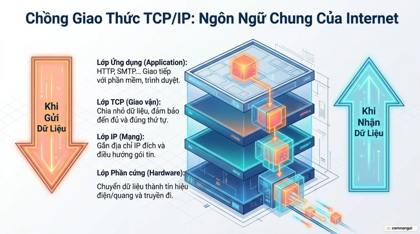 Chồng giao thức TCP/IP bốn lớp: lớp ứng dụng, lớp TCP, lớp IP và lớp phần cứng