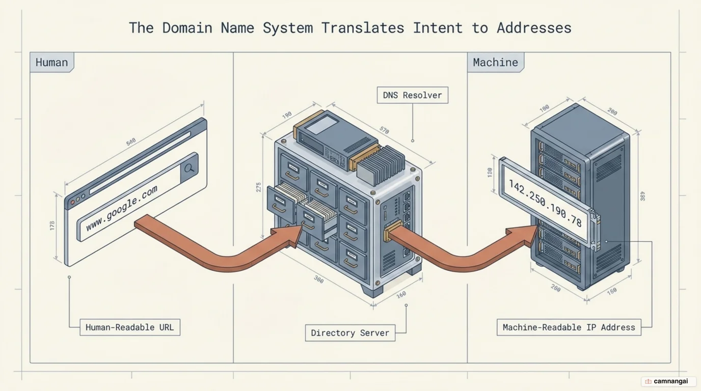 The DNS lookup process: a human-readable domain name resolved into a numeric IP address