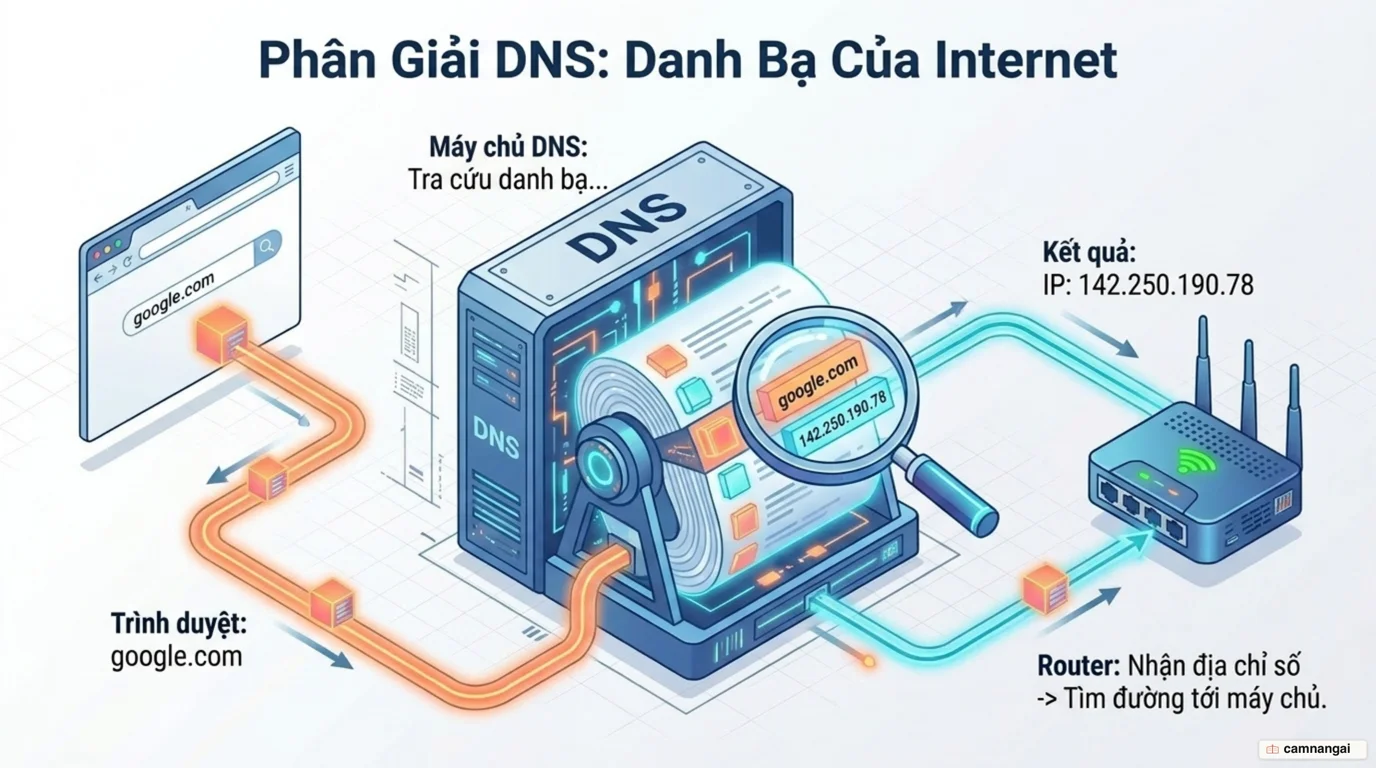 Quá trình tra cứu DNS: tên miền dễ nhớ được ánh xạ thành địa chỉ IP dạng số