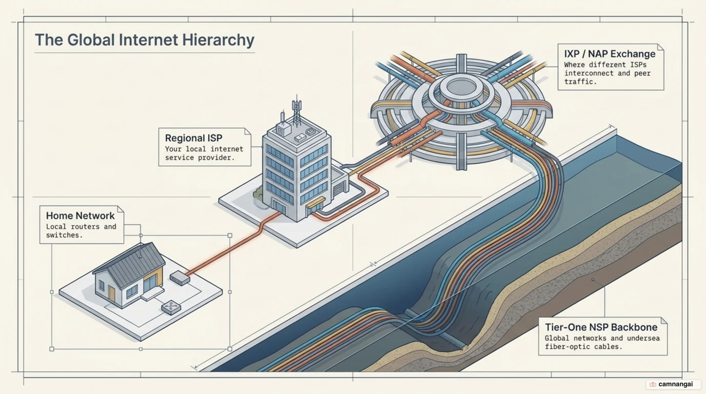 The global internet hierarchy: home network up to an ISP, through an IXP to tier-one NSPs and undersea fiber