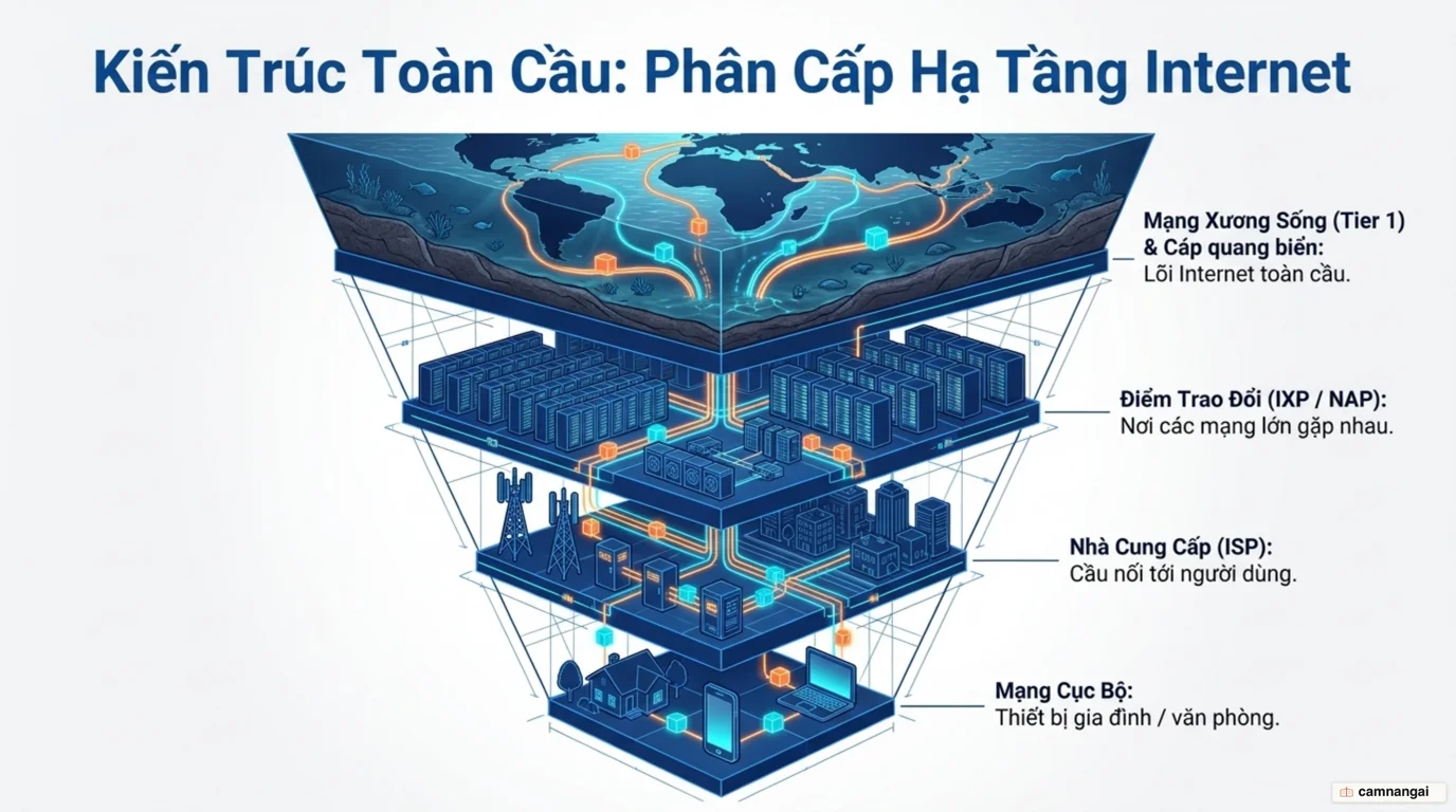 Phân cấp hạ tầng Internet toàn cầu: từ mạng gia đình lên ISP, qua điểm trao đổi IXP đến các NSP và cáp quang biển