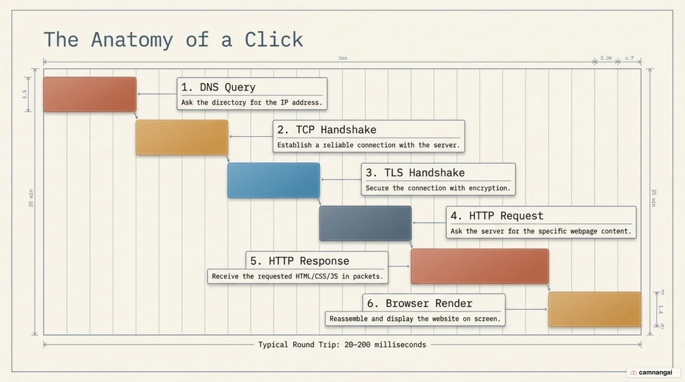 The page-load sequence: DNS query, TCP handshake, TLS handshake, HTTP request, HTTP response, then browser rendering